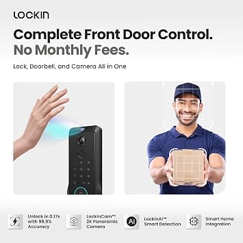 Lockin Veno Pro Smart Deadbolt Lock with Dual Swappable Batteries for 6-Month Extended Power, Palm Vein & Fingerprint Keyless Entry, Built-in Wi-Fi, Doorbell, App Remote Control, IP65 Waterproof