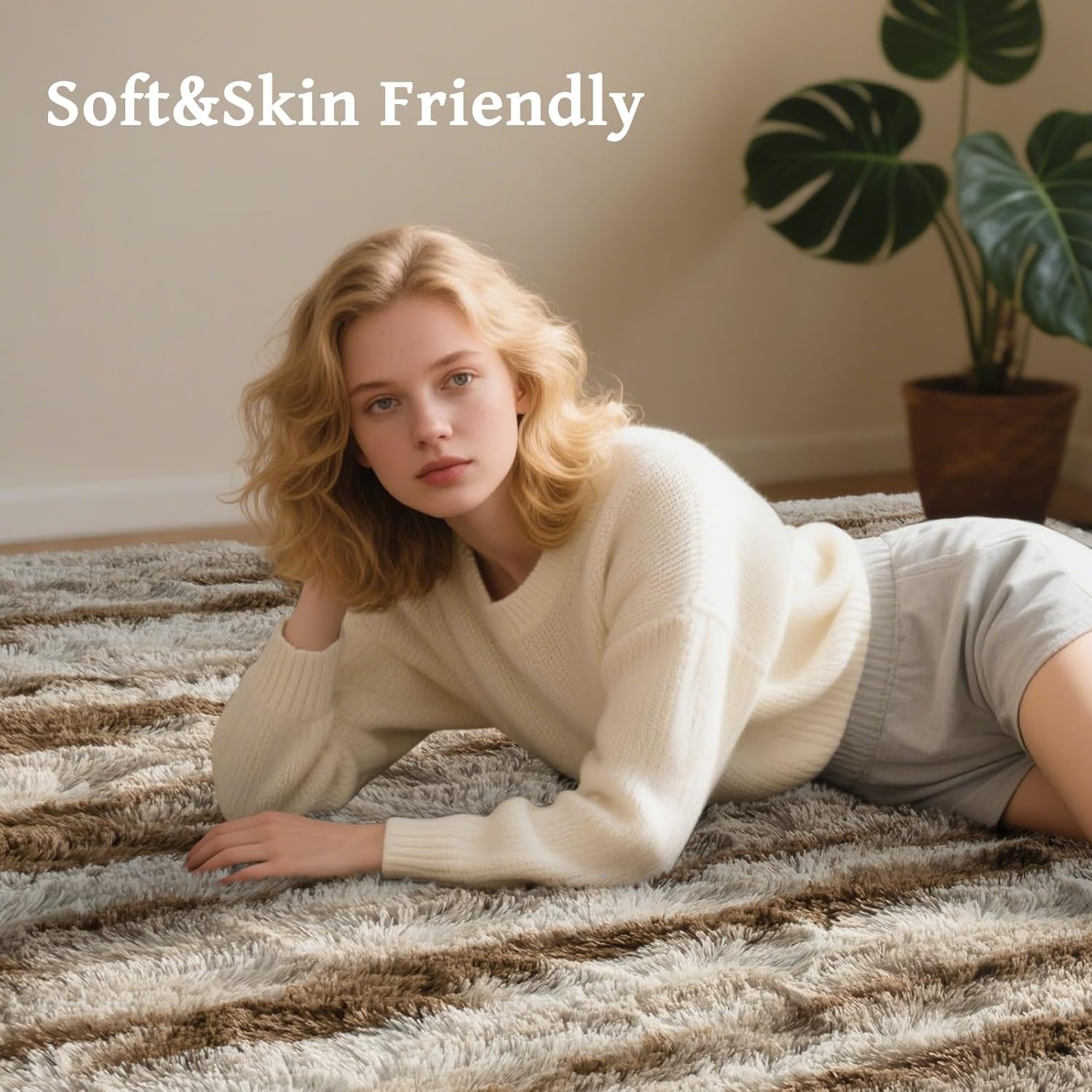 5x7 Ft Fuzzy Rugs for Bedroom,Khaki Neutral Area Rug Non-Slip,Carpet for Living Room Nursery Kids PlayRoom Indoor Modern Plush Carpets