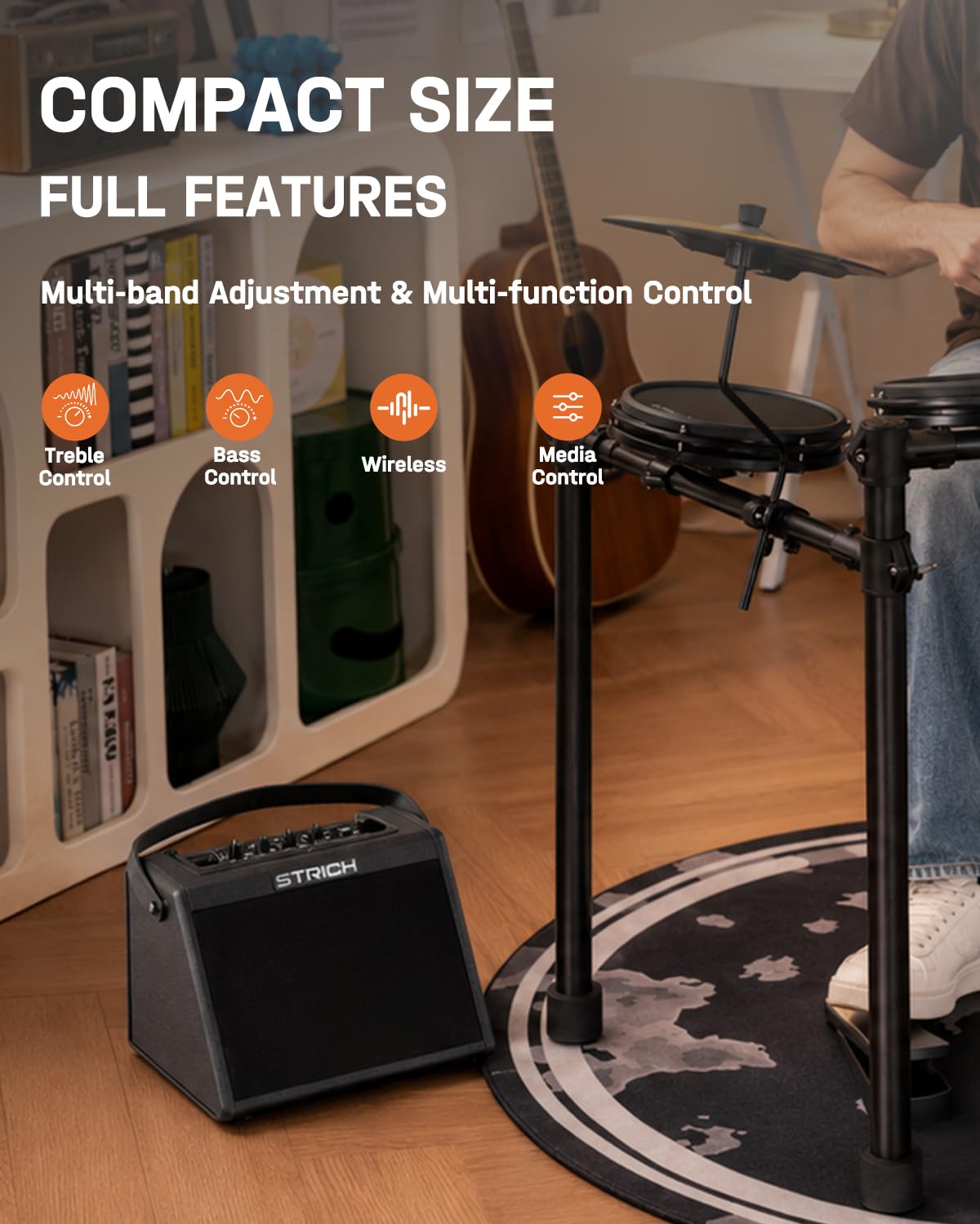 STRICH Amplificatore elettronico per batteria da 20 W, amplificatore per batteria wireless, altoparlante portatile per batteria e tastiere elettroniche, amplificatore compatto per casa, studio e