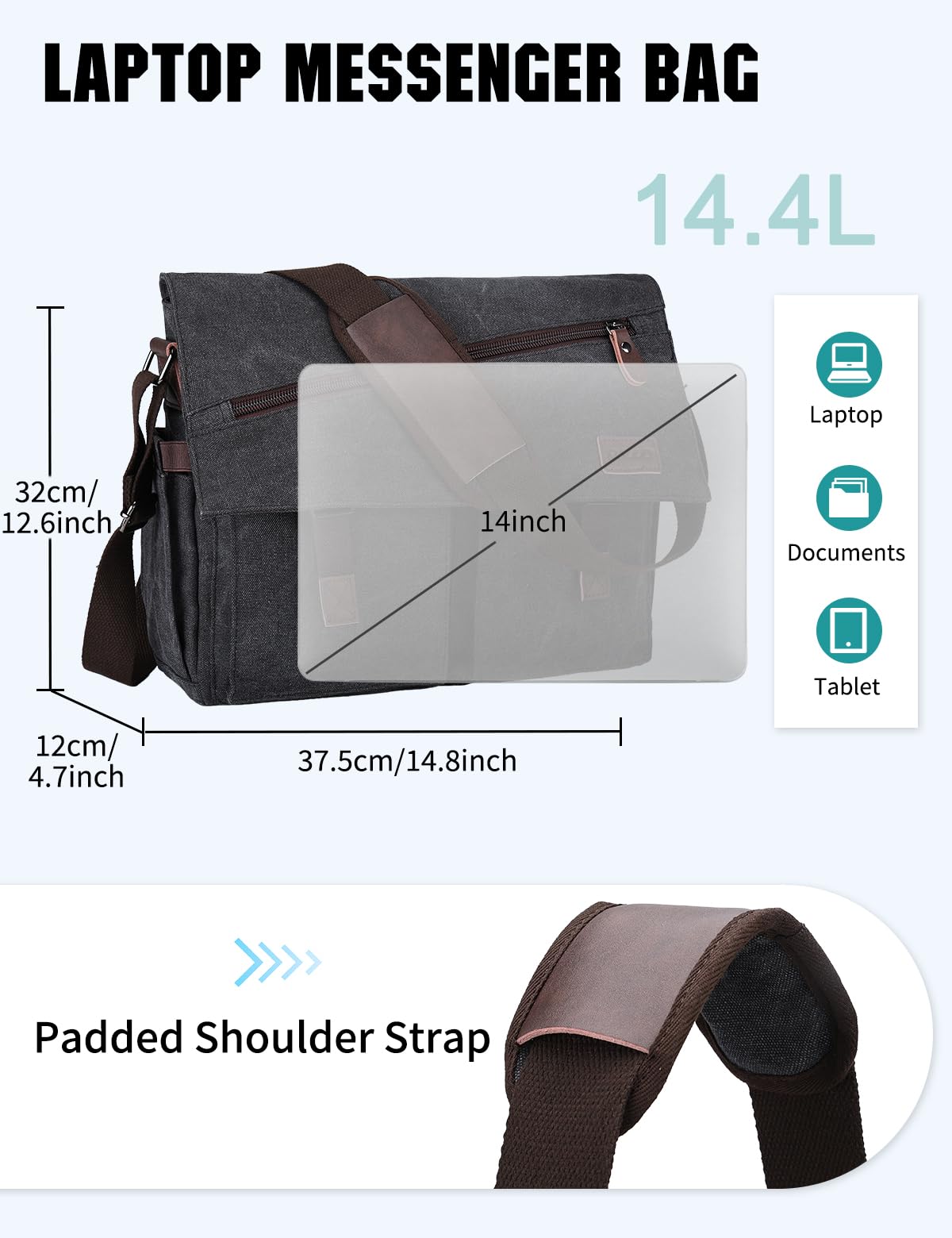 RAVUO Bolso Bandolera Hombre Grande Bolsa de Mensajero para 14 15.6 17 Pulgadas Ordenador Portátil Bolsa de Hombro Lona Messenger Bag,Nergo