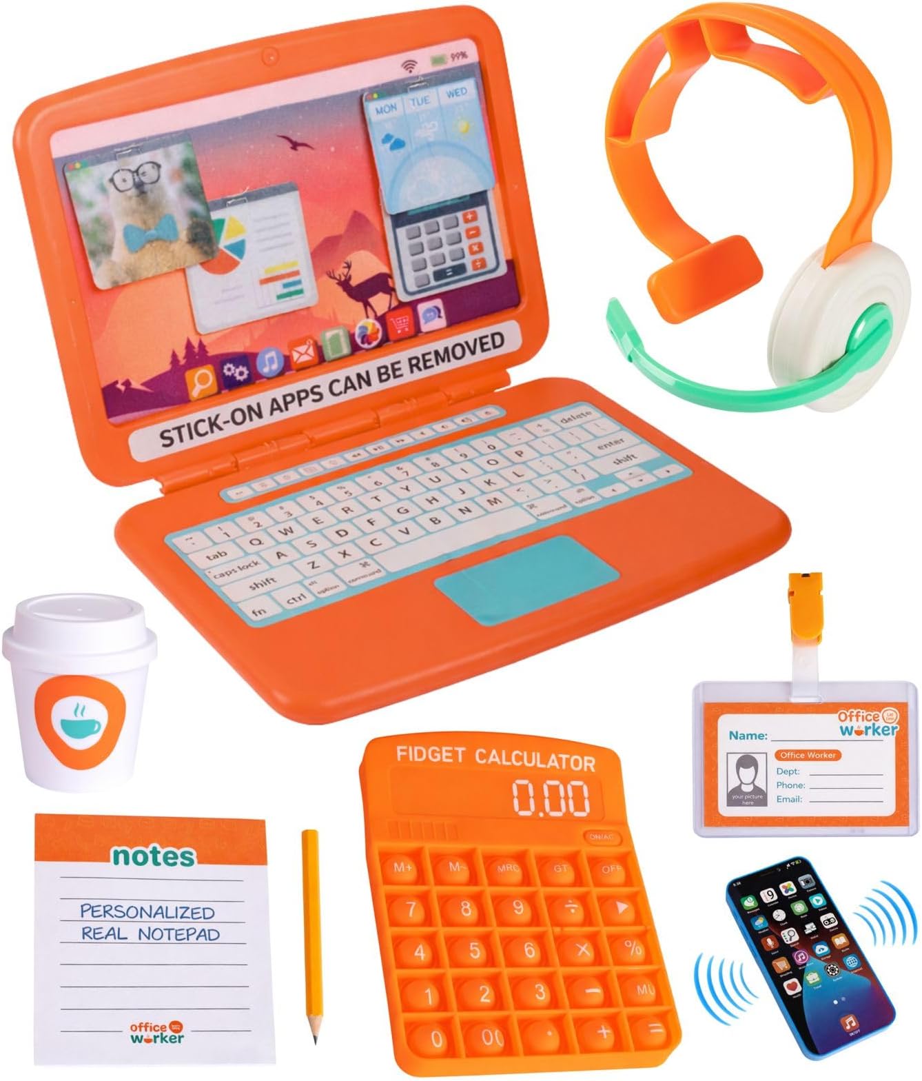 Born Toys Office Toddler Pretend Play Sets for Kids Ages 3+, Imaginative Pretend Play Set for Boys & Girls, 9-Piece Work Pretend Play Toys with Toy Laptop, Pretend Headset, Toy Phone, Gift Ready Bag