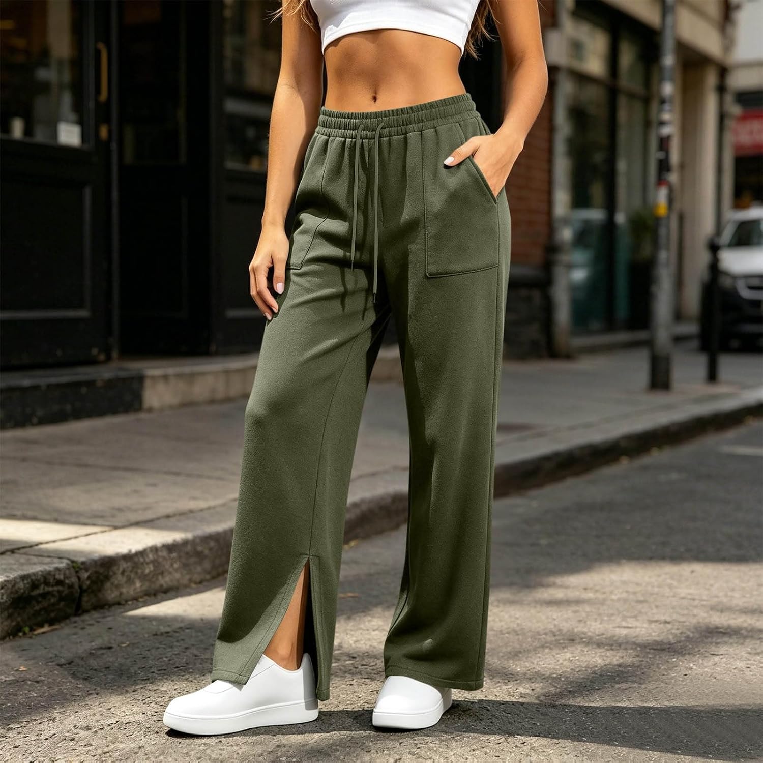Womens Wide Leg Sweatpants Baggy Fall Lounge Split Sweat Pants | Drawstring Winter Fashion Trousers Workout Soft Comfy Pants with Pockets Solid Color Daily Outfits