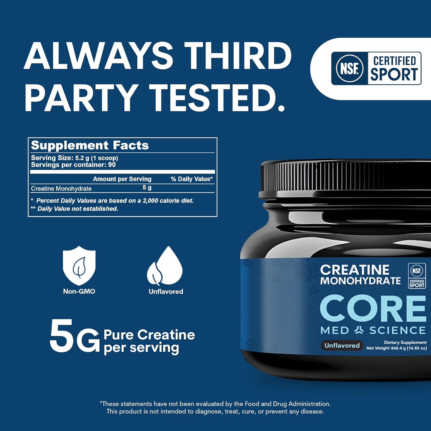 Core Med Science Creatine Monohydrate Powder, Unflavored - 5g of Pure Micronized Creatine Powder Supplement for Workout Performance, Muscle Growth & Recovery - NSF Certified for Sport for Men & Women