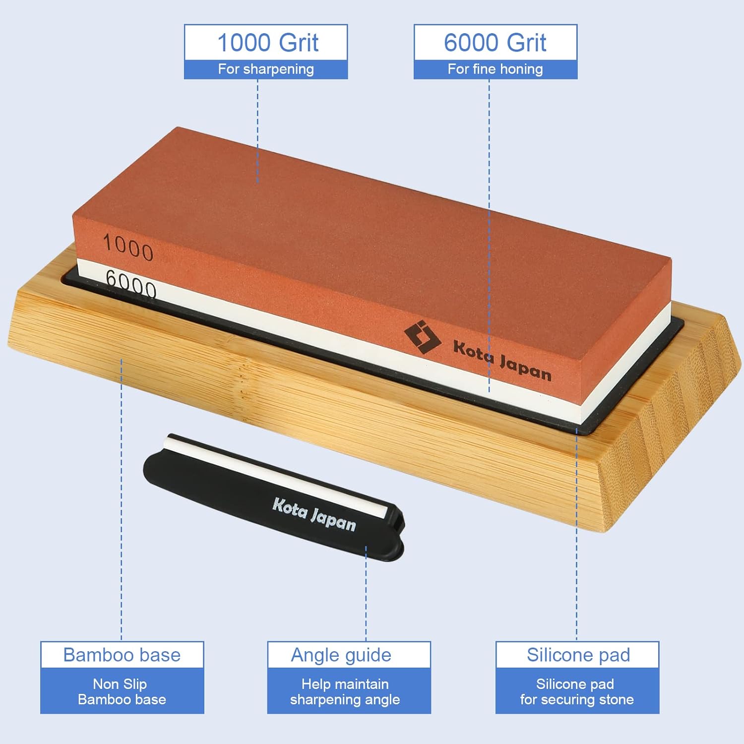 Kota Japan 1000-grit Coarse Side and 6000-grit Polishing Side Knife Sharpening Whetstone with Bamboo Base and Blade Guide