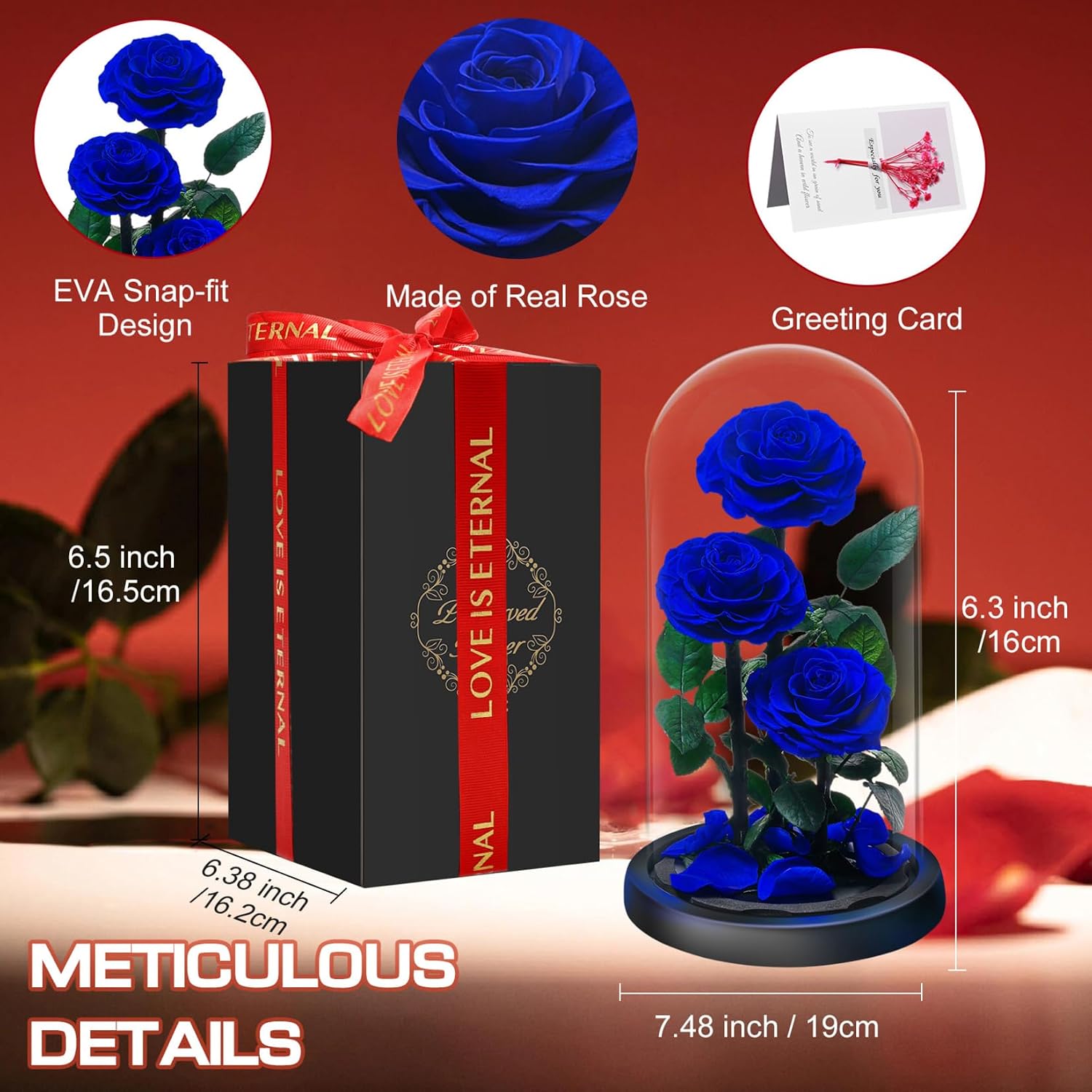 Mother's Day Rose Set Gift for Women | Eternal Forever Rose in Glass Dome | Flower Preserved for 5 Years | Handcrafted | Beauty and the Beast Gift for Her Wife Girlfriend | Anniversary, Valentines Day