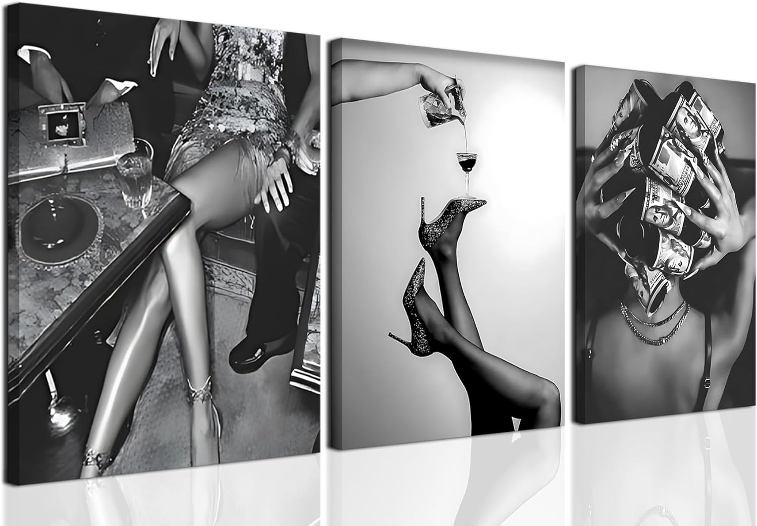 Trendy Black and White Wall Art Luxury Money Hair Rollers Girl Posters Prints High Heels Woman on Disco Drinking cocktails Retro Bold Feminine Fashion Artwork for Bedroom Living Room Dorm Decor