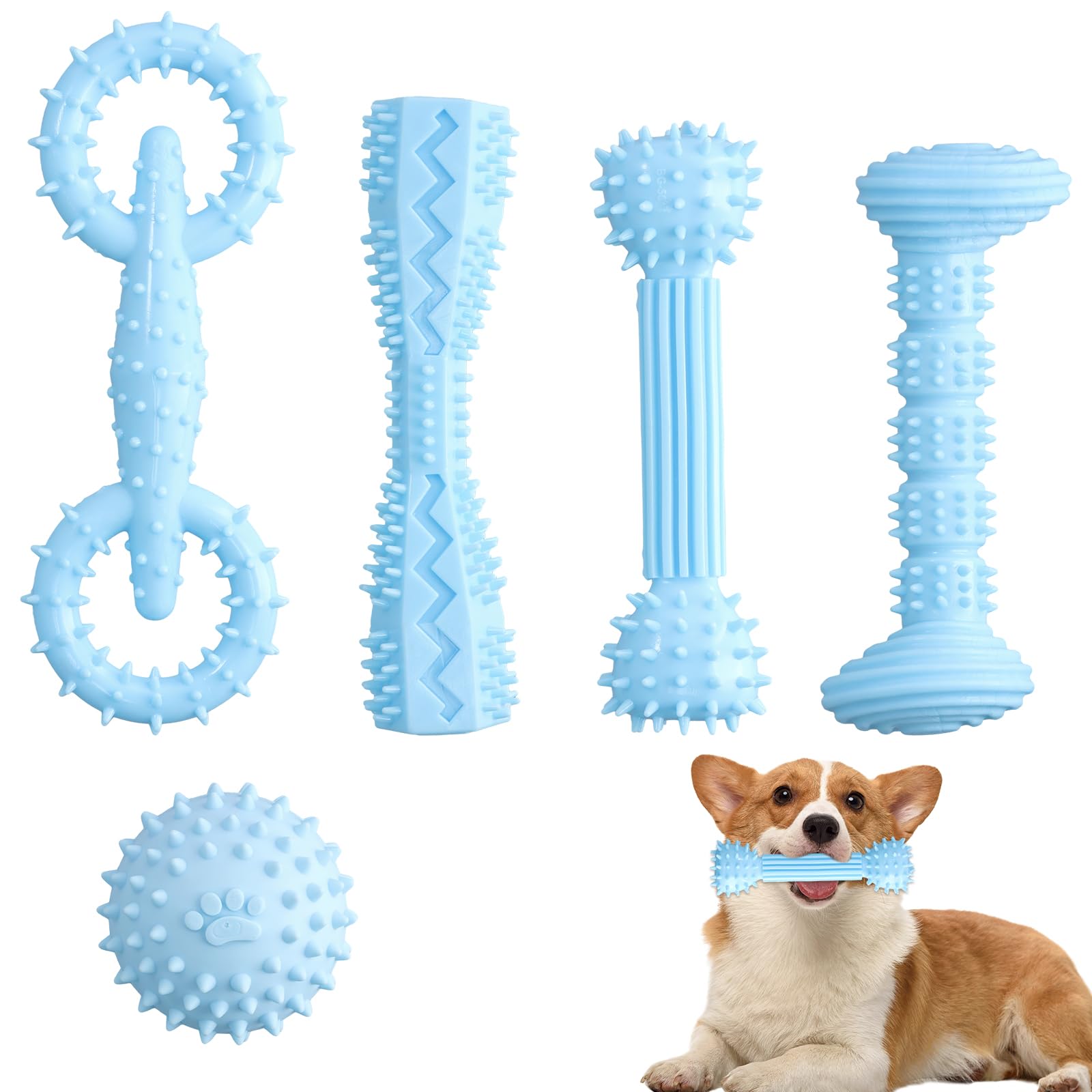 Merzio 5 PCS Dog Chew Toys, Rubber Chew Toys for Puppies to Help with Teething Suitable for Pets Aged 2–8 Months, Squeaky Dog Toothbrush Toys for Small to Medium Sized Dogs