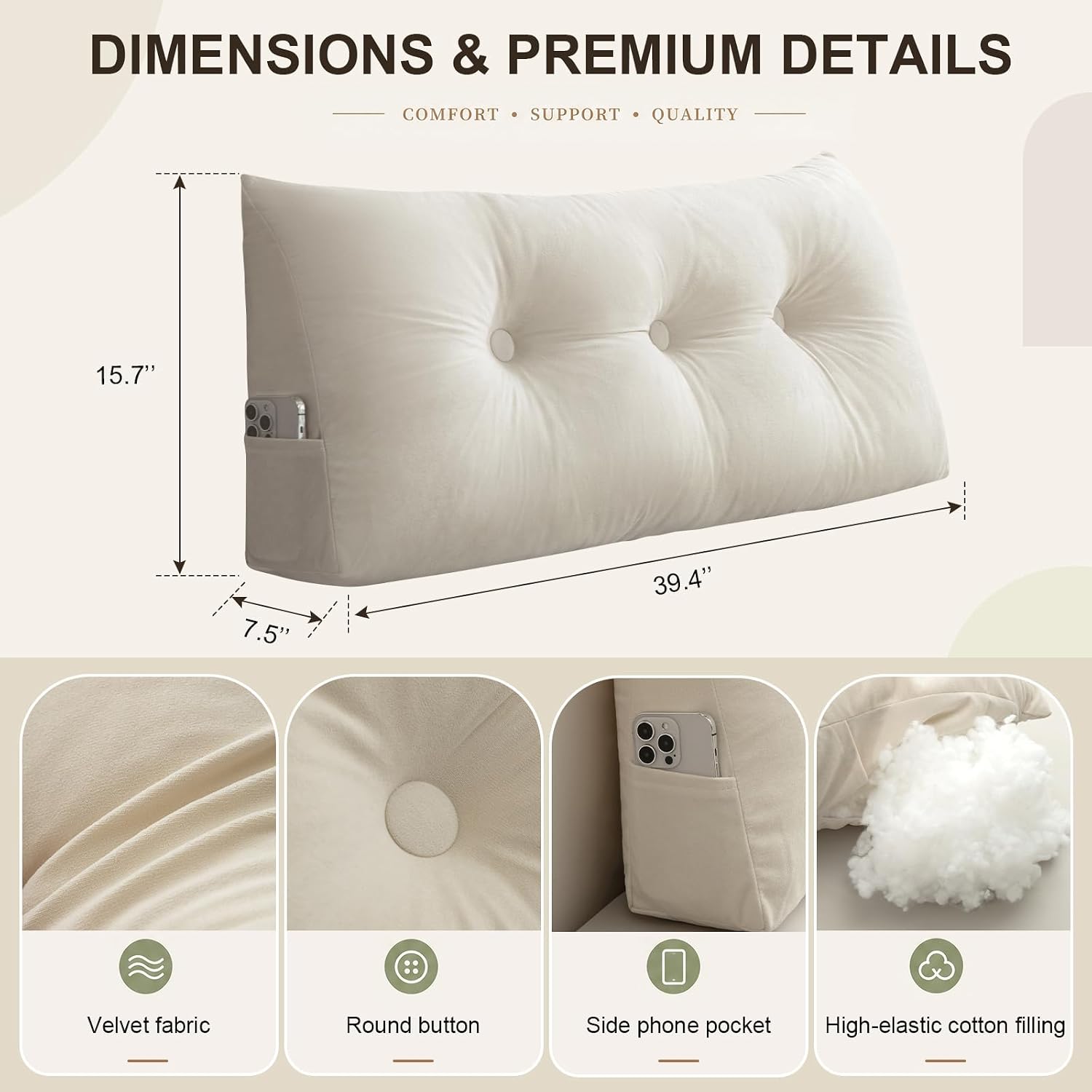 Gnostik Headboard Pillow Twin, White Triangular Wedge Headboard Pillow for Reading and Resting Backrest Positioning Support Pillows for Bed Dorm Sofa, 39.4"x15.7"x7.5"