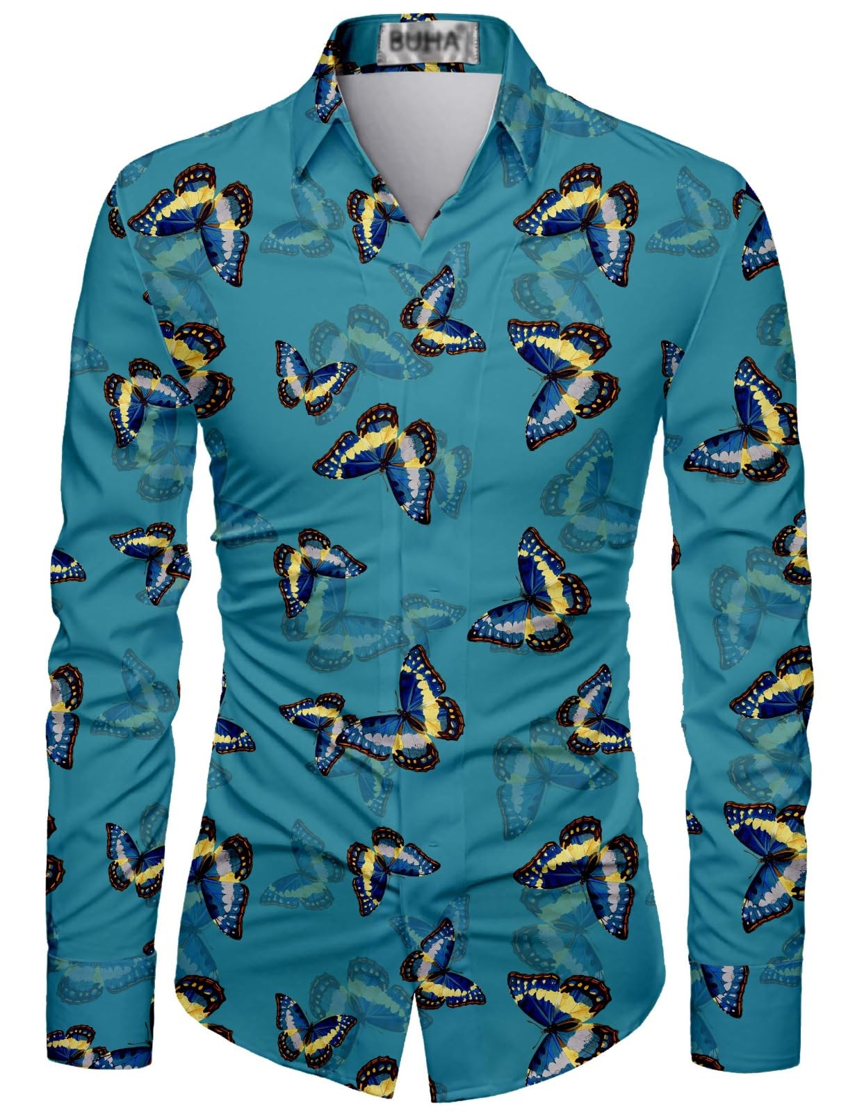 Men’s Unstitched 2.25 Mtr Digital Printed Multicolor Floral Cotton Shirt Fabric & Long Sleeve Butterfly Print Casual Button-Down Shirt Slim Fit Turquoise-image-38