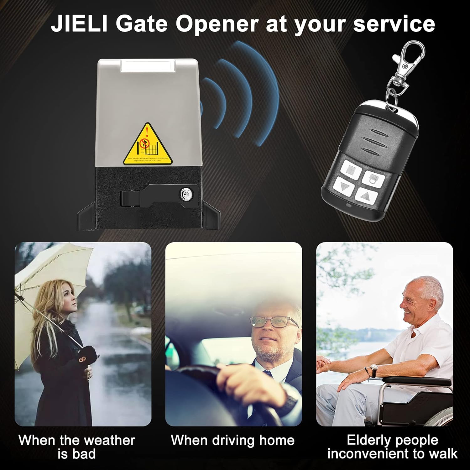 JIELI gate opener and remote control, illustrating convenient operation in various scenarios