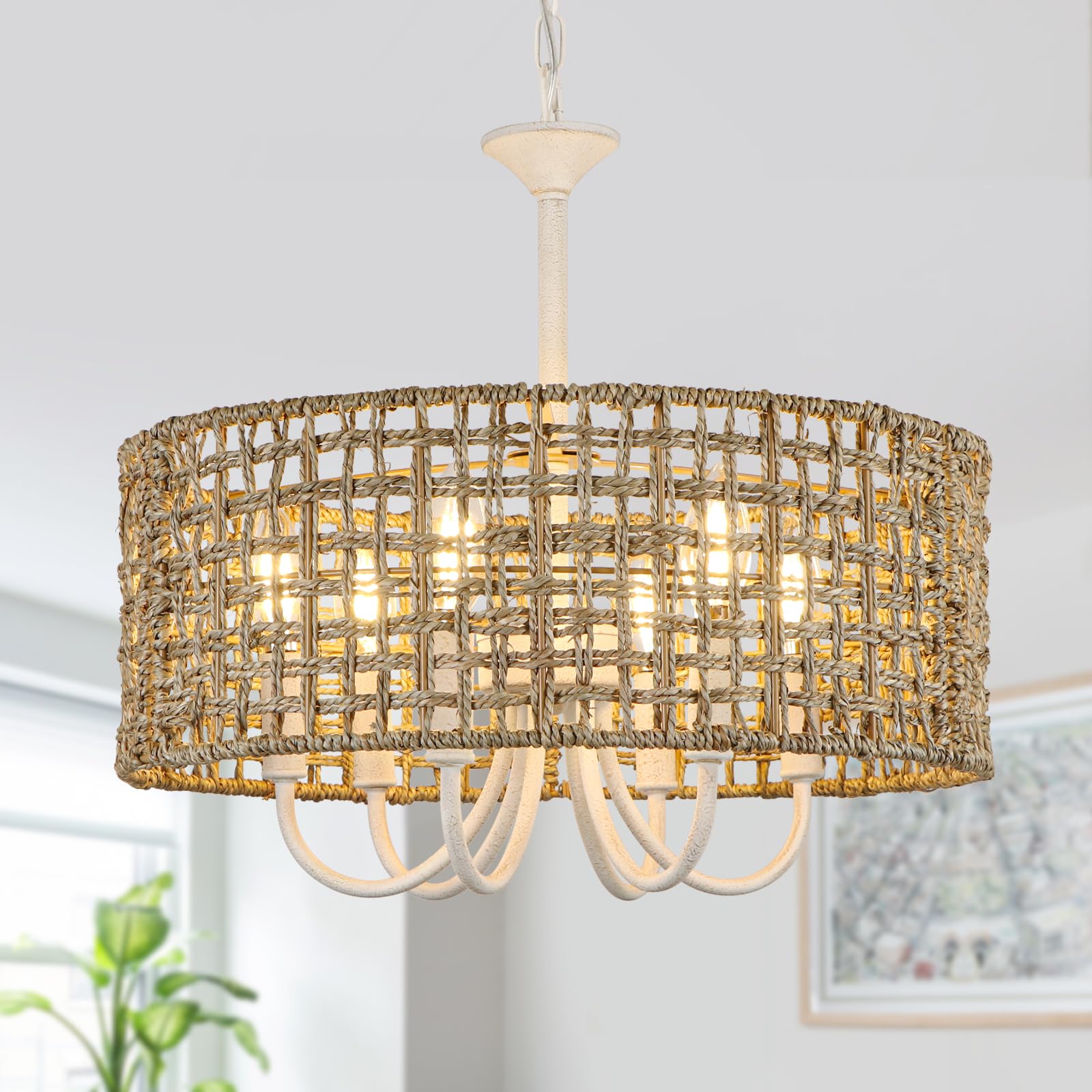 6-Light Hand Woven Rattan Chandelier for Dining Room, 17.7" Boho Pendant Lights Kitchen Island, Rustic Farmhouse Round White Chandeliers for Kitchen Island Living Room Foyer Coastal