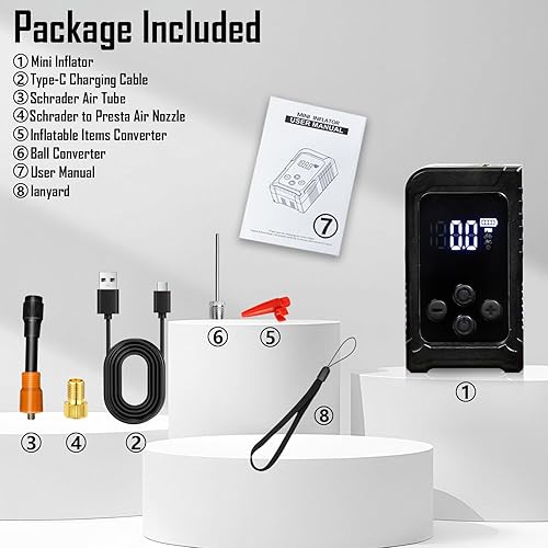 Miniatura 8 de Mini bomba de neumáticos para bicicleta con calibre 150PSI bomba de aire recargable portátil, bomba de aire eléctrica con válvula Presta y Schrader