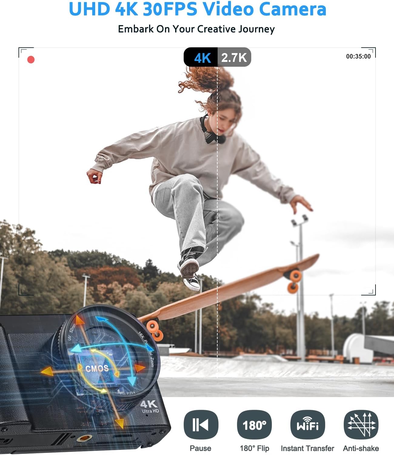 Action scene demonstrating 4K and 2.7K video recording