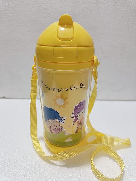 PUTHAK Cute Water Bottles with Straw for Kids Girls Boys, BPA FREE Leak Proof Flip Top Lid & Silicone Sipper & Soft Carry Neck Strap, 500ml (Cartoon Printed) (Yellow)