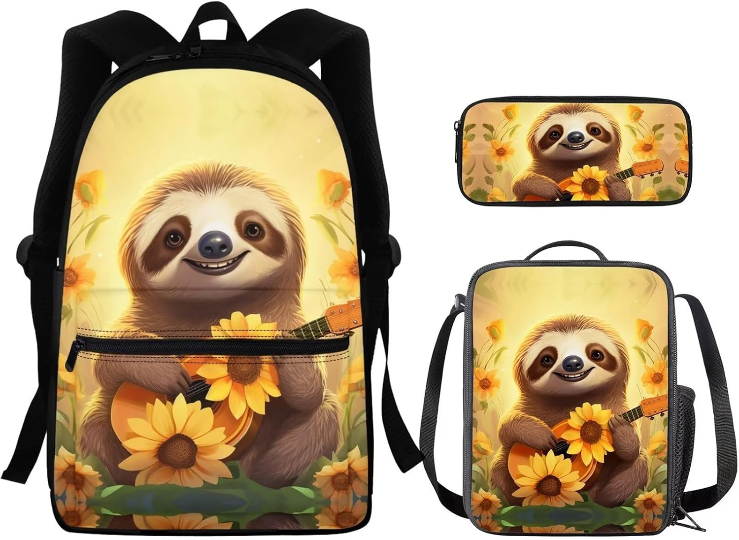 Cute Sloth Kids Backpacks for Teen Girls for Middle School Custom School Backpack for Girls 10-12 Aesthetic White Set with Lunch Box Kids Travel Back Pack with Water Bottle Pockets