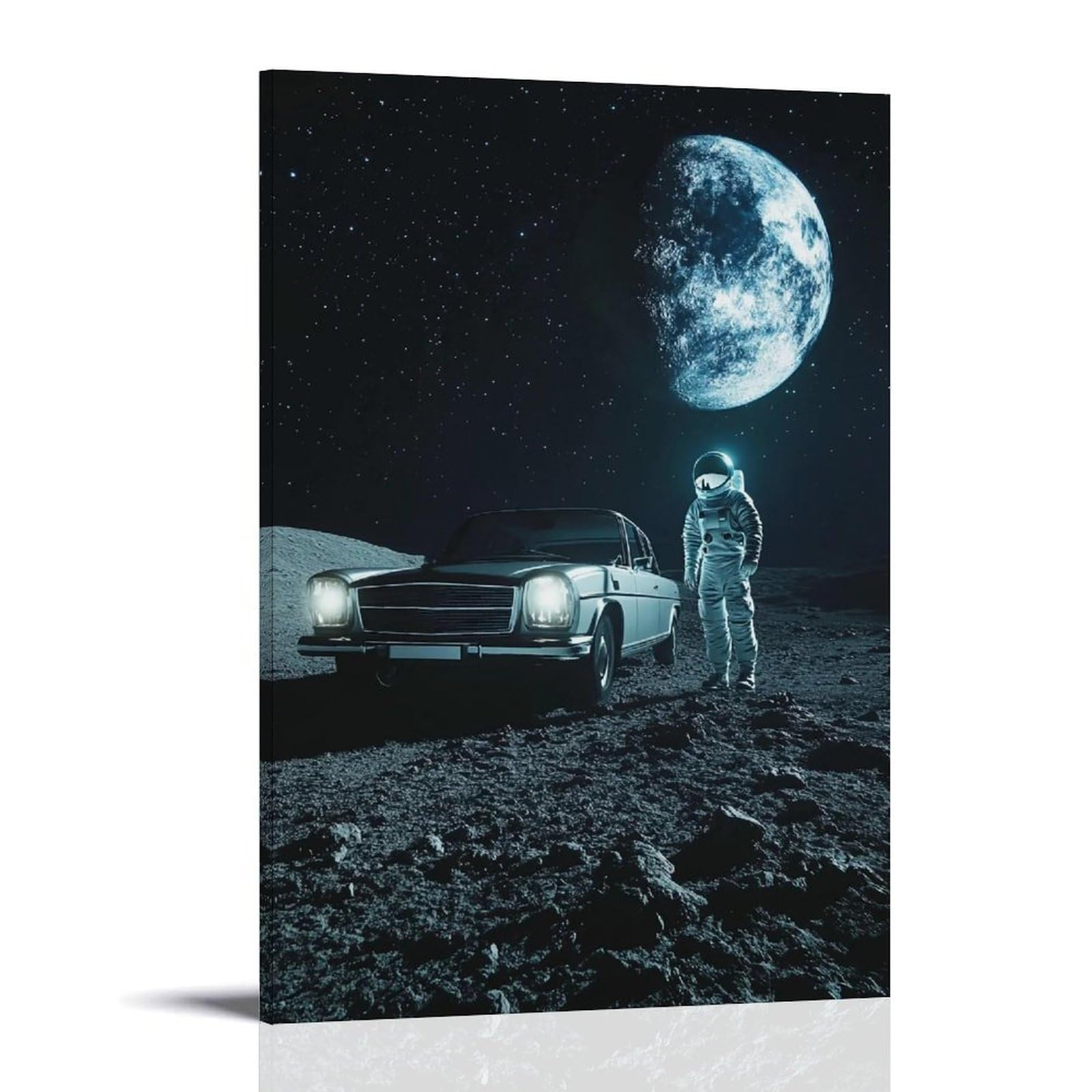 HUERYRYHY Car on The Moon 02 Poster Wall Art Canvas Vintage Aesthetic Painting Decor for Rooms 24x36inch Frame-style