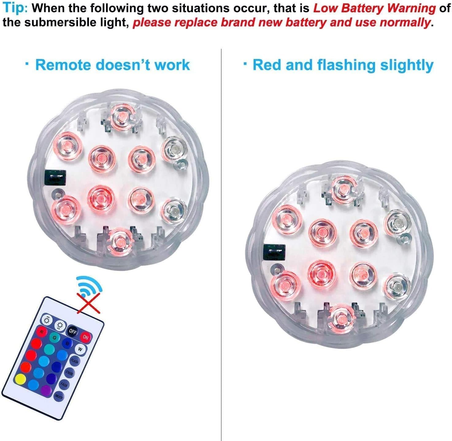 Image showing two submersible LED lights, one with a functional remote and normal operation, and another with a flashing red light and an unresponsive remote, indicating low battery.