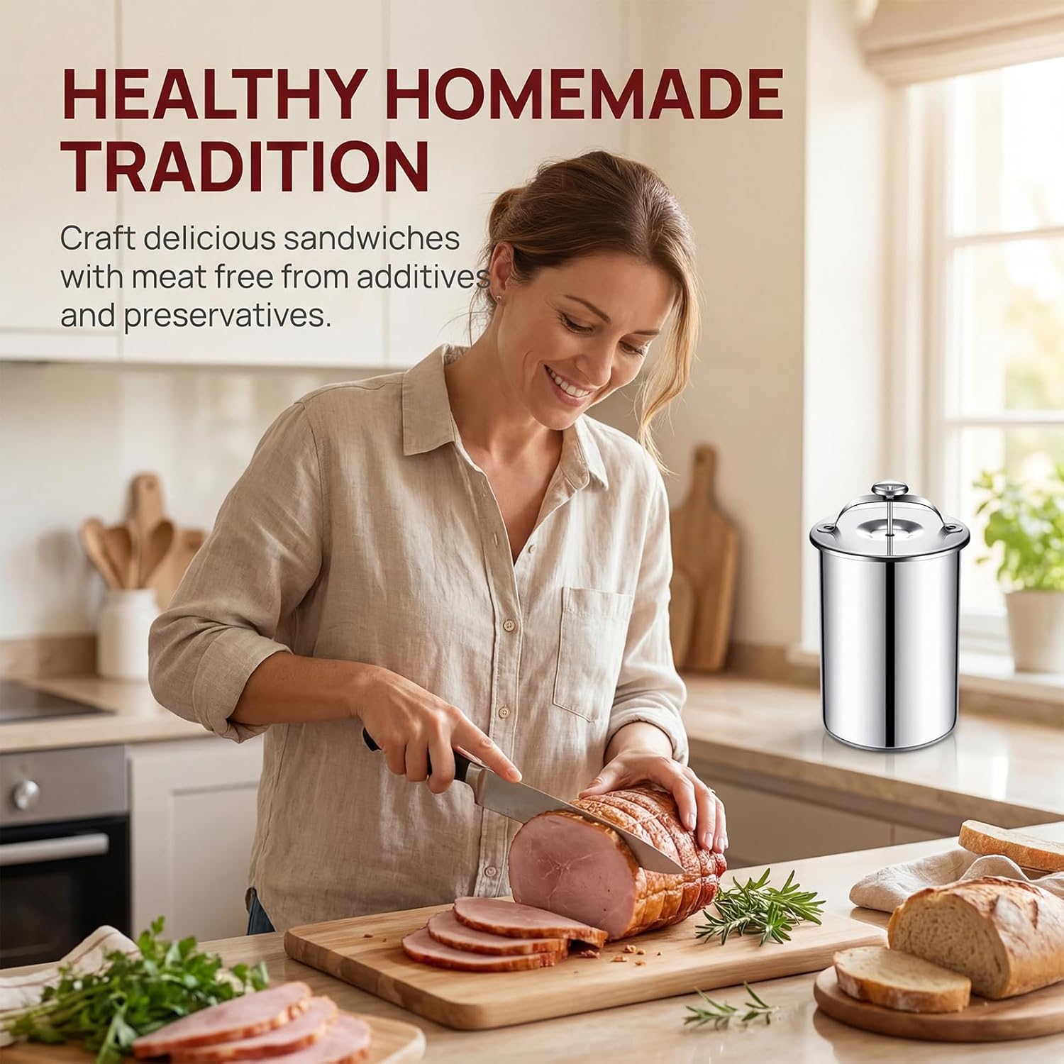 Deli Meat Press Stainless Steel with Thermometer - 1 to 1.2 Kg Lunch Meat Press Mold for Deli Meats Homemade Ham Maker Lunch Meats Presss for Making Sandwich, Delimeat, Lunchmeat (With Press)