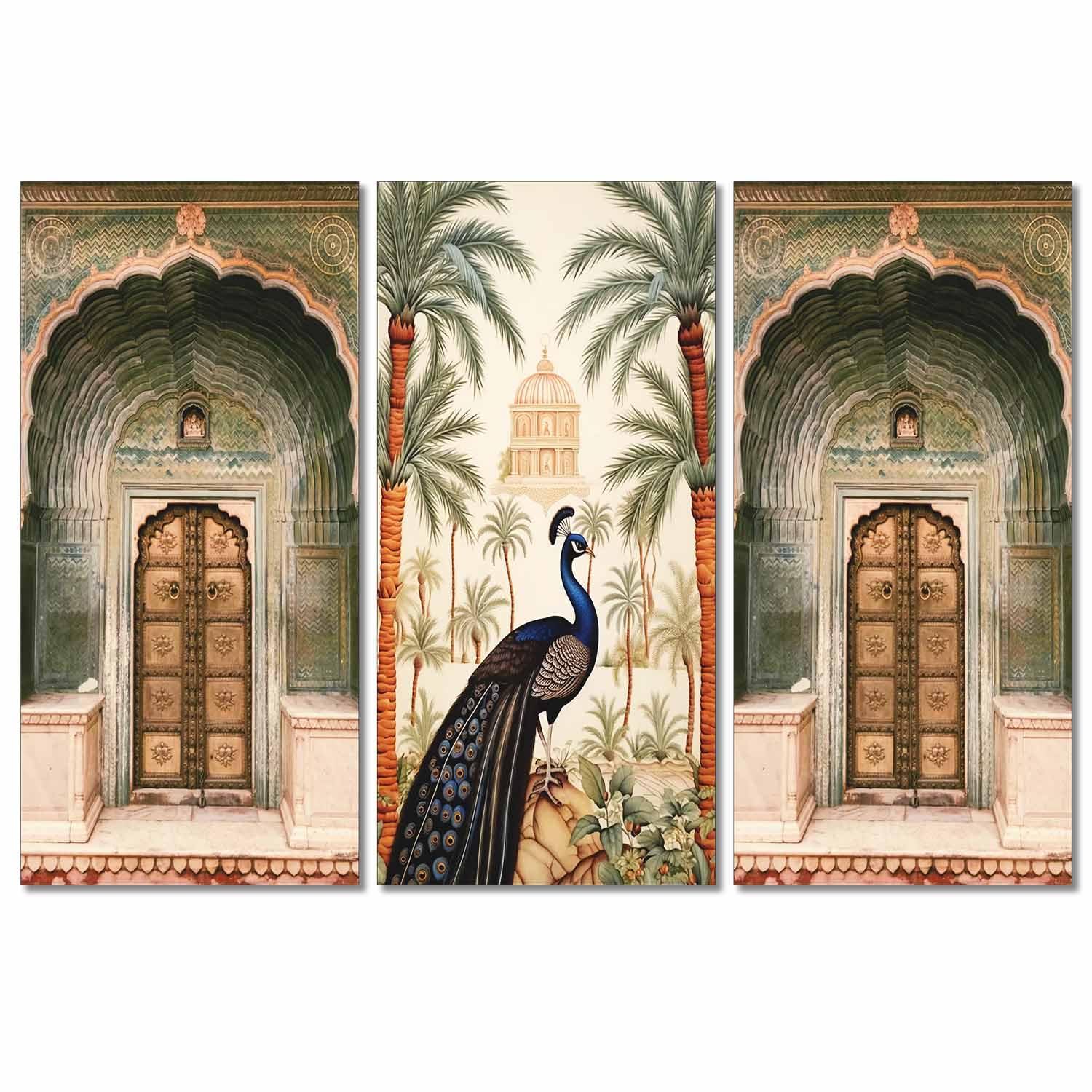 Moodpainter Royal Peacock Palace Wall Painting 3 Panel MDF Wall Art Set, Mughal Rajasthani Heritage Architecture Door Design Decorative Wall Hanging for Living Room Bedroom Office Home (DWH3_1720)-image-49
