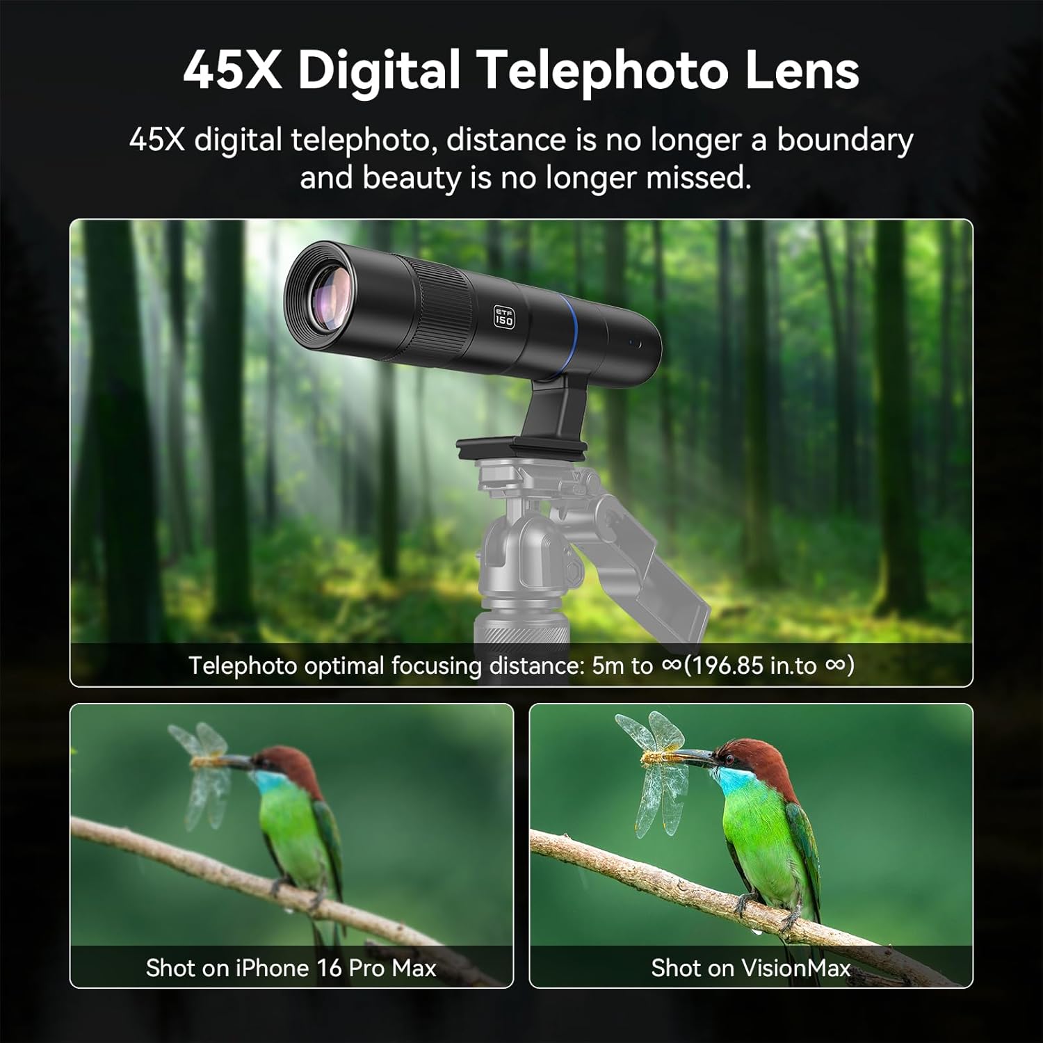 45X Wireless Digital Telephoto Lens, High Power HD Electronic Telephoto Phone Lens with 2.4G Wi-Fi App Connect, 1500mAh Battery for Birdwatching, Watch Concerts, Watch Match, Moon Viewing