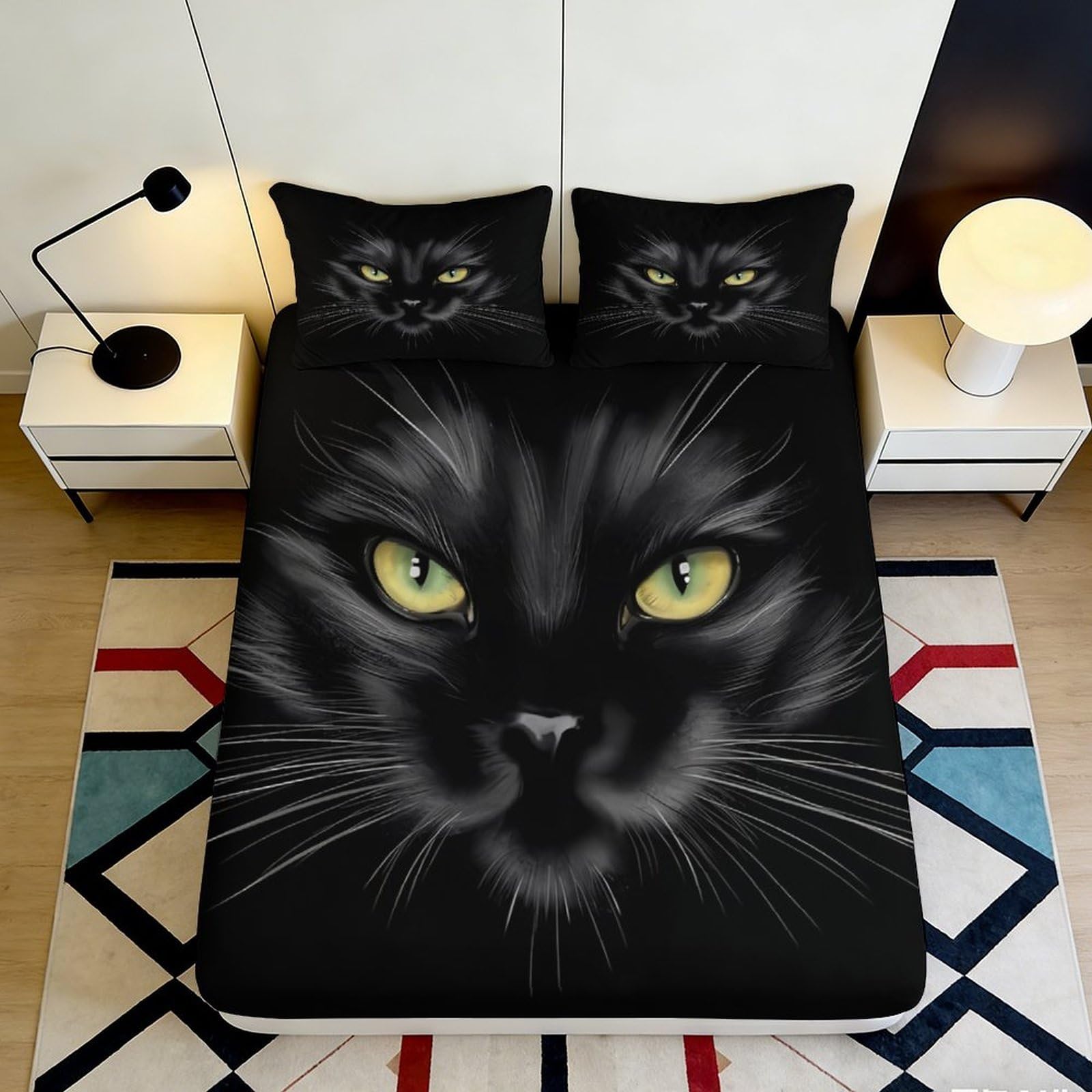 3D Printed Black Cat Face Fitted Sheet Microfiber Soft Breathable Yellow Eyes Bed Cover for Bedroom Dormitory Guest Room Mattress Protection 200x200x25cm