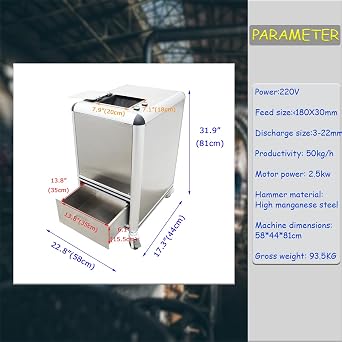 Glass Crusher Fully Automatic Glass Bottle Crushing Machine Industrial Material Grinder Coal Pulverizer Electric Shatter, 220V, 2.5KW