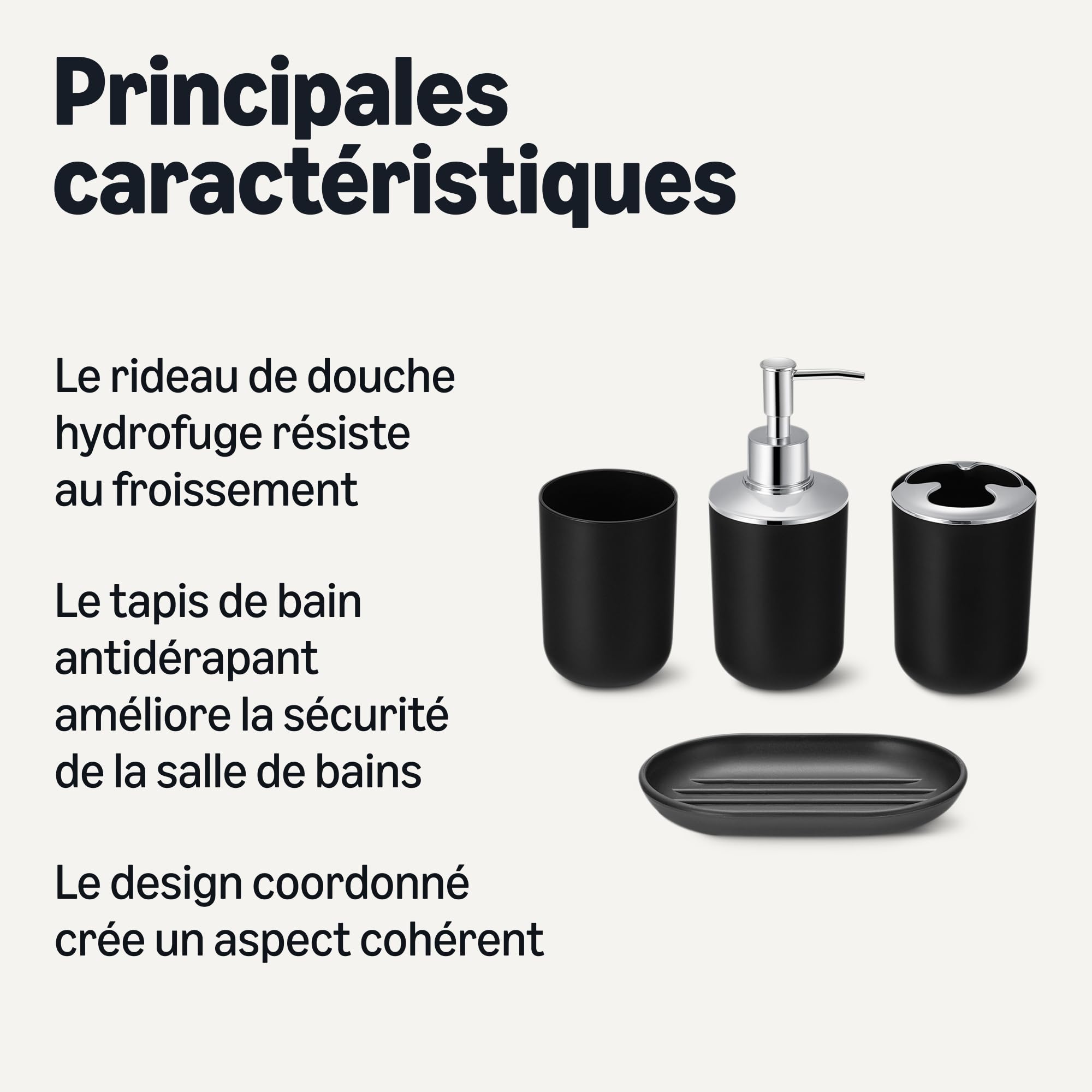 Amazon Basics Set d'Accessoires Salle de Bain : Rideau de Douche avec Crochets, Tapis de Bain Memory Foam, Distributeur de Savon, Porte-Savon, Porte-Brosse à Dents & Gobelet, Noir