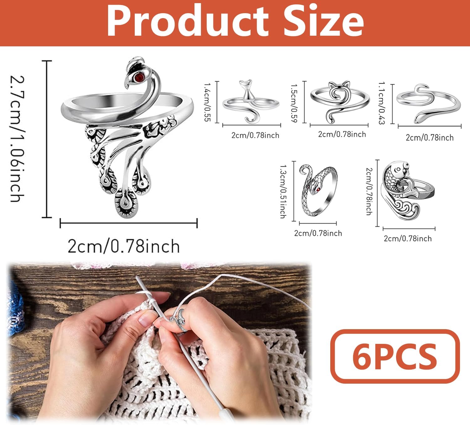 VinBee 6Pcs Adjustable Crochet Yarn Tension Ring for Crocheting, Crochet Ring for Finger, Peacock Cat Crochet Knitting Rings for Tension,Tension Rings for Crocheting image 2