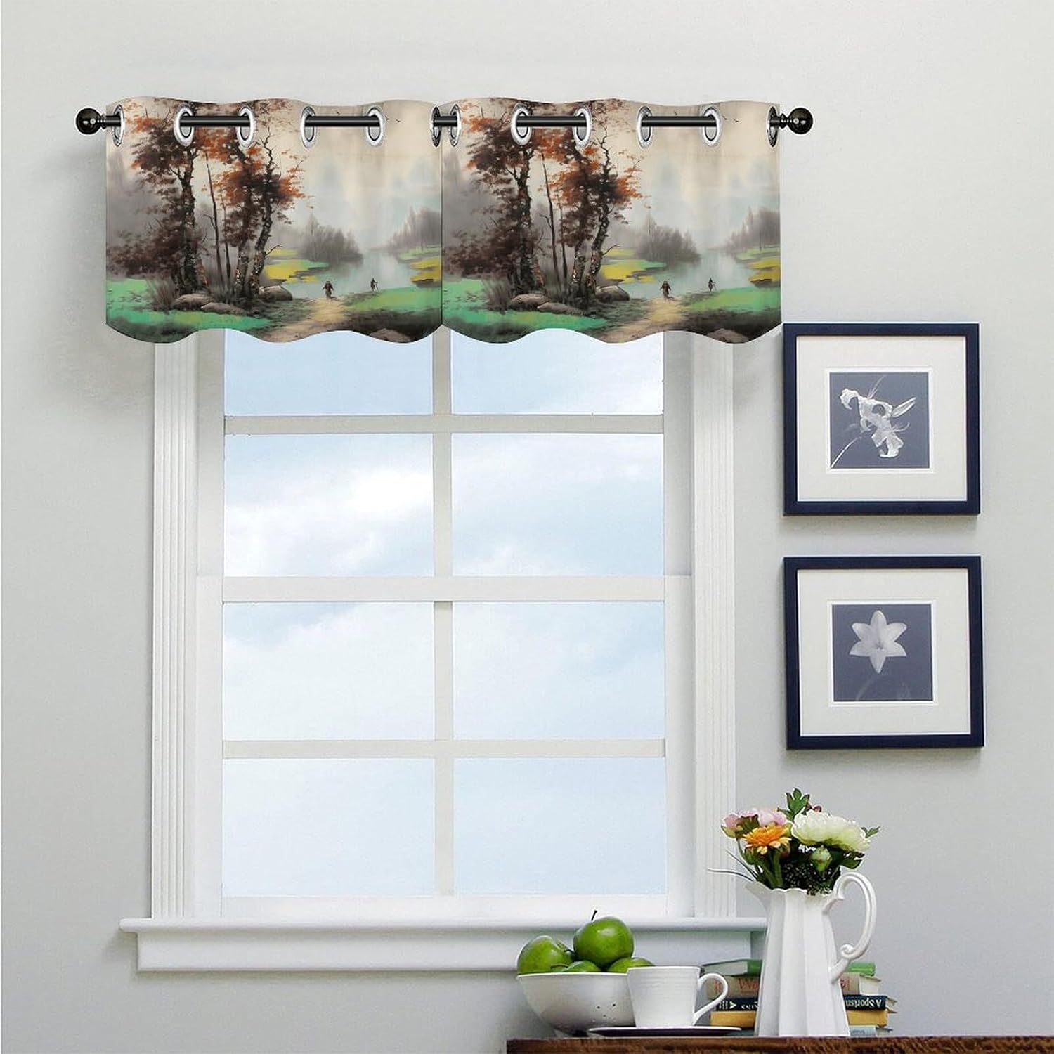 Landscape Painting2 Curtain 2 Panels, Polyester Fiber, Blackout Insulated Window Curtain, Curtain Valance for Kitchen Dining Room Living Room Cafe Small Window 52 * 18.1 Inches
