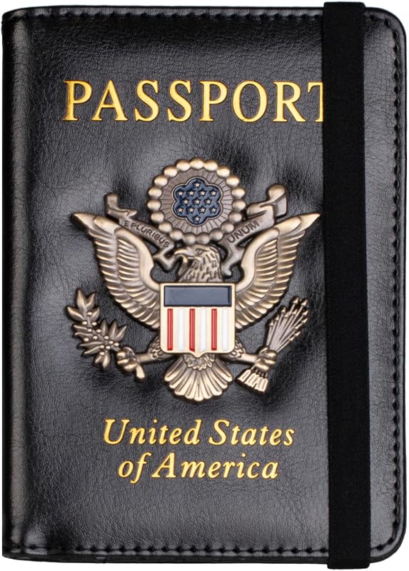TOURSUIT Porta Pasaporte con Bloqueo RFID, Cartera de Viaje de Cuero, Negro | Accesorios de la cubierta del portadocumentos de viaje, insignia de metal 3D, para mujeres y hombres