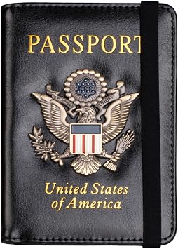 TOURSUIT RFID Blocking Passport Holder for Women Men, Leather Passport Travel Wallet with 3D Metal Badge, Travel Document Holder Cover Accessories Black
