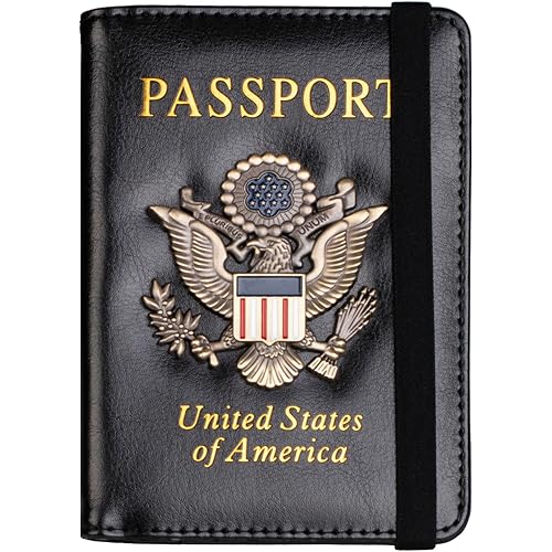 TOURSUIT RFID Blocking Passport Holder for Women Men, Leather Passport Travel Wallet with Metal 3D Metal Badge, Travel Document Holder Cover Accessories (Black)