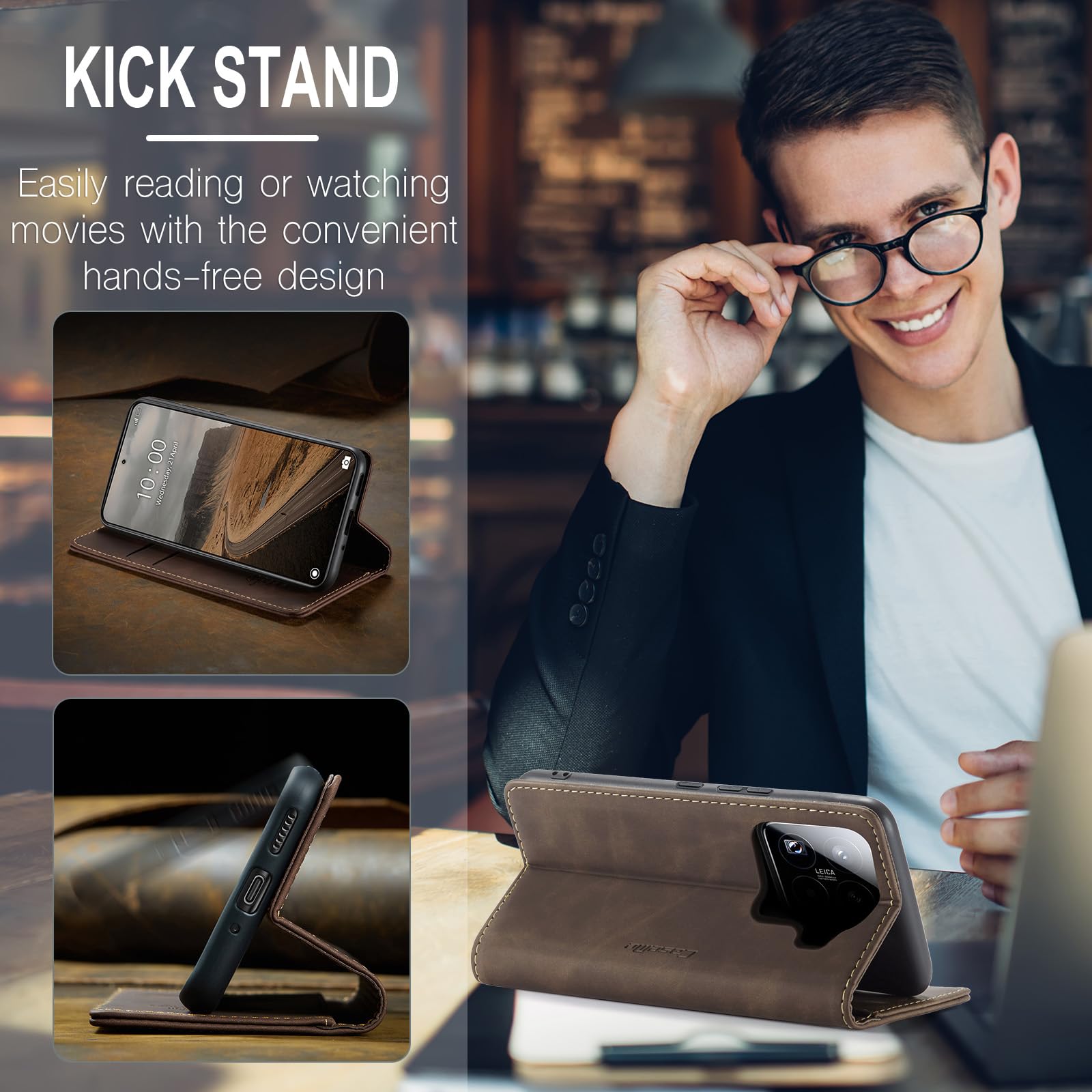 Samokor Cover per Xiaomi 15 Pro 5G Pelle Flip Custodia Cavalletto Portafoglio Magnetica Carta Fessura Antiurto per Xiaomi 15 Pro,Caffè