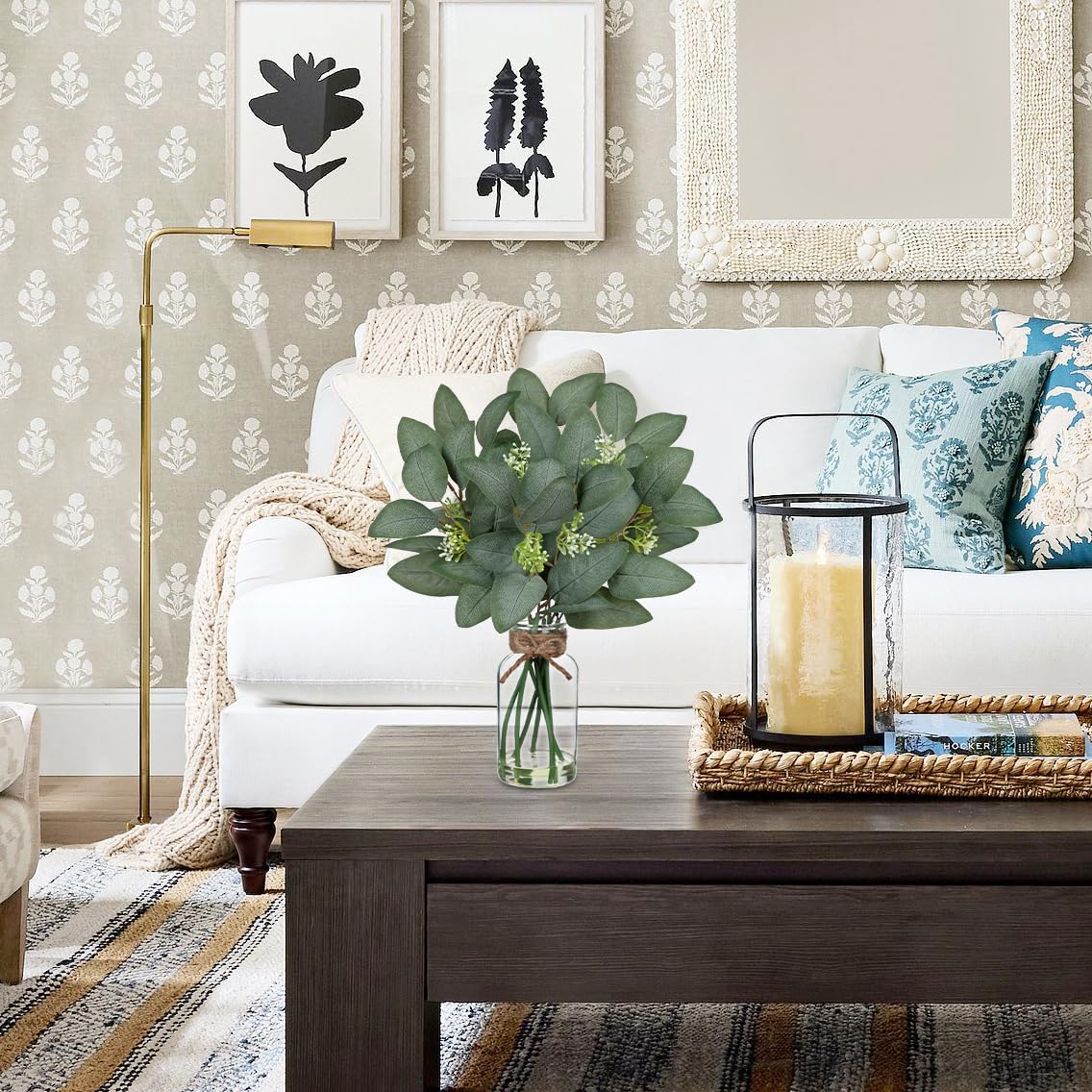 Hollyone 16.1" Artificial Eucalyptus Stems with Glass Vase with Faux Water Fake Plant Eucalyptus in Vase for Home Decor Greenery Plants Wedding Bathroom Office Table Centerpiece Shelf Decorations - Image 4