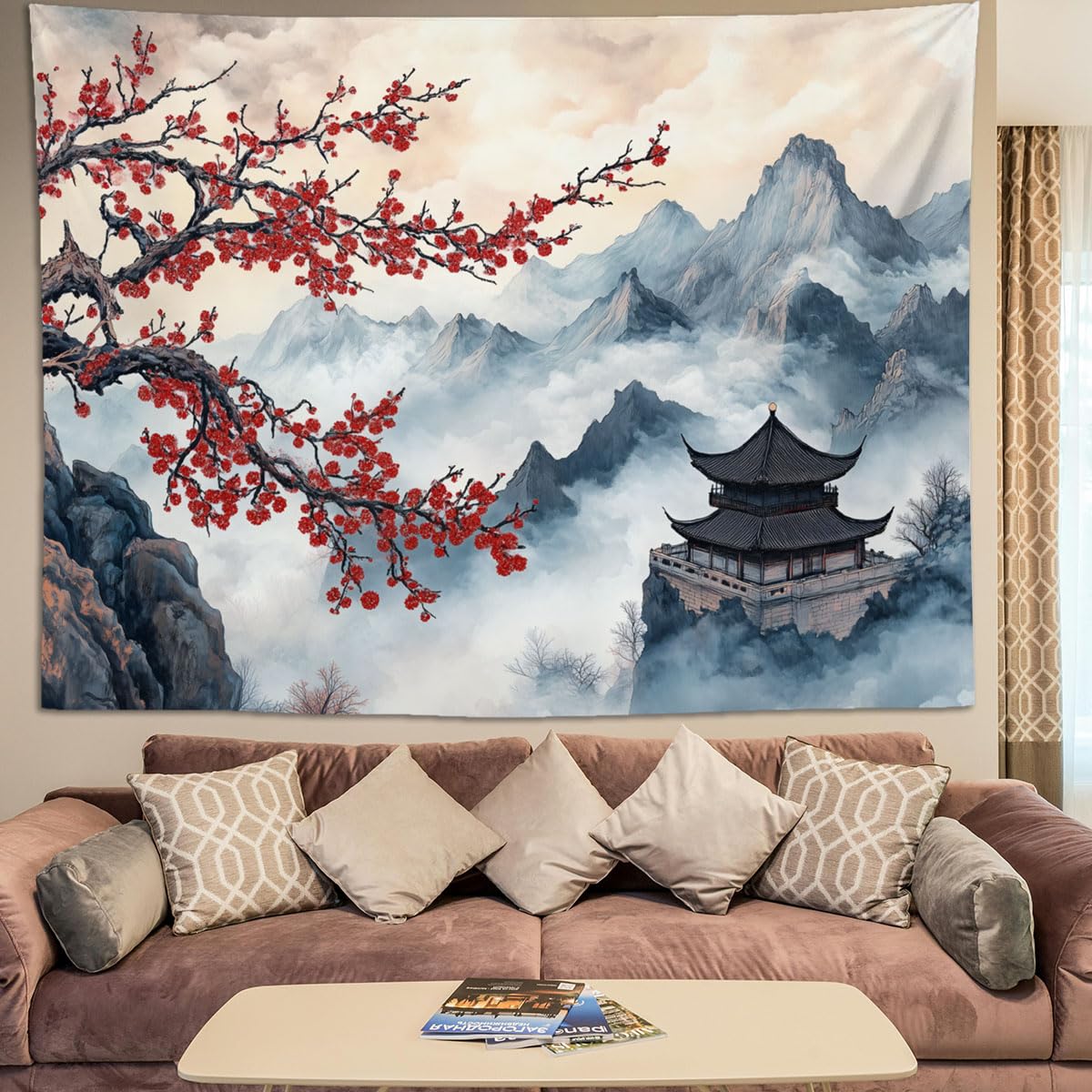 keowhsf Japanese Tapestry Aesthetic Wall Decor – Watercolor Ink Landscape with Red Plum Blossoms and Misty Mountains, Asian Art Hanging for Bedroom,