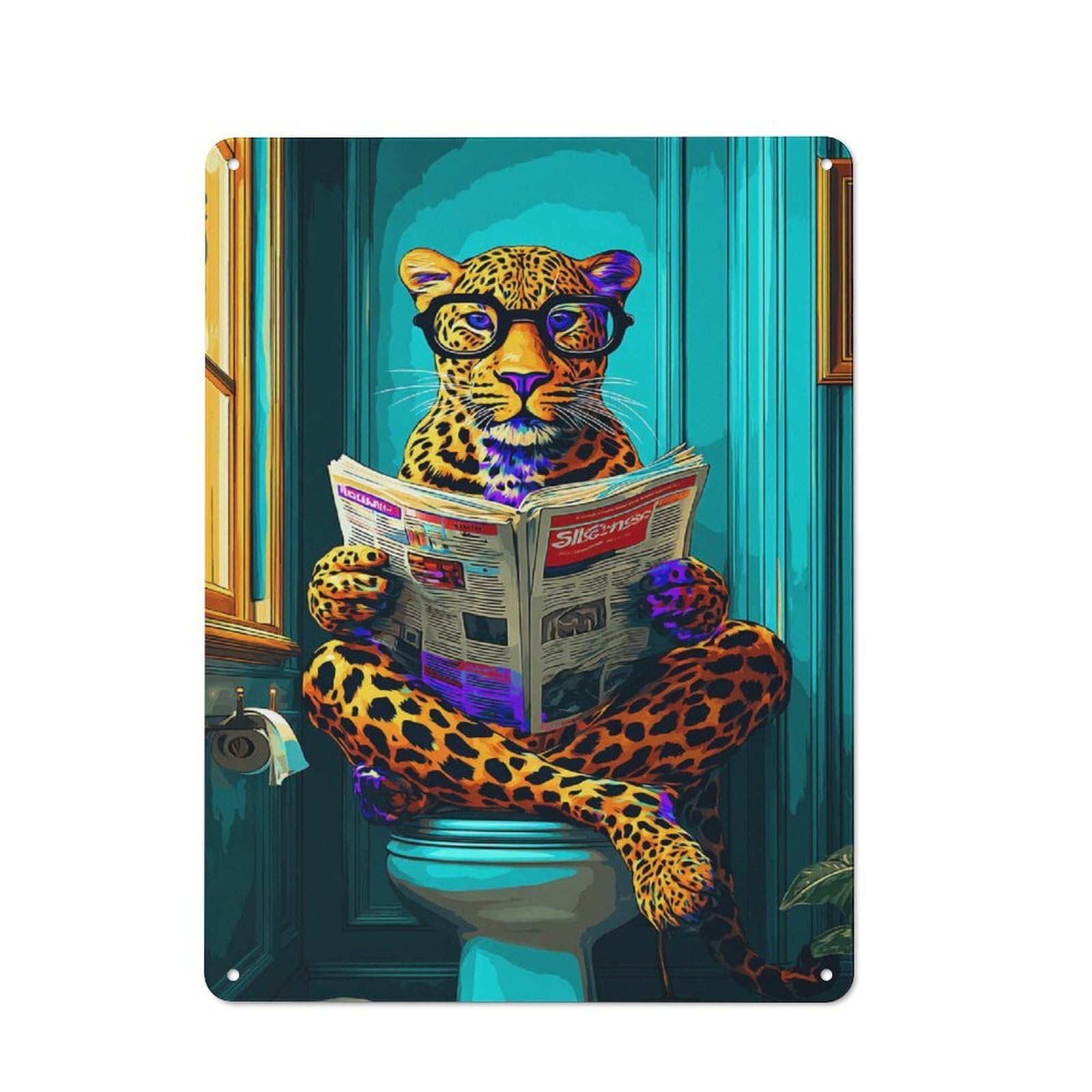 Junmoney Leopard Reading Newspaper On Toilet-2 Rustic Metal Plaque 40X30cm For Hobby Room Or Studio, For Creative Interior Collectors