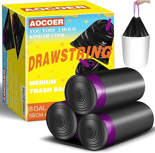 Miniatura 1 de Bolsa de basura con cordón de 7 a 8 galones, bolsas de basura medianas, bolsas de basura negras de 30 litros, 80 unidades