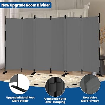 Room Divider, 6 Panel Upgraded 132 Folding Screen Highly Secretive(Grey) | Privacy Separation w/4 Metal Feet, Partition Screen Lightweight Freestanding Wall Divider Bedroom Livingroom