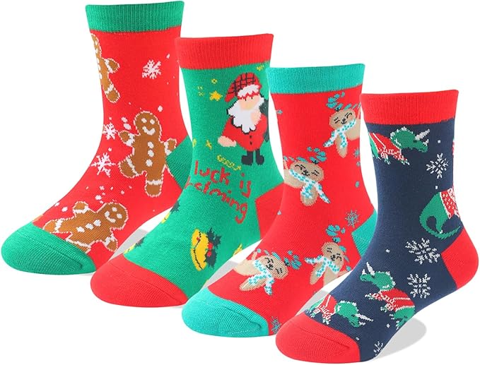 KAKAVENTE Christmas Socks for Kids,4 Pairs Funny Crazy Holiday Socks,Fun Cute Christmas Gifts for Boys Girls