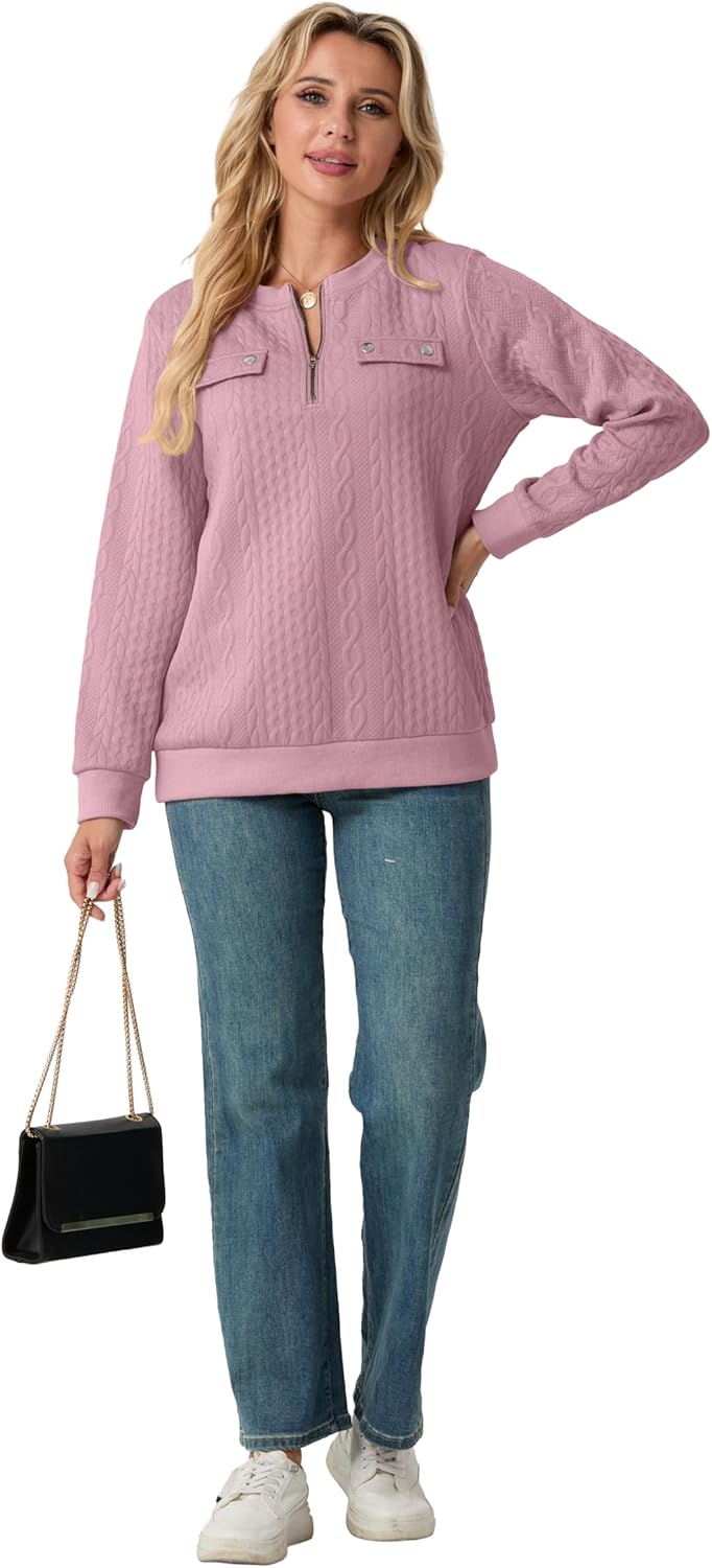 Womens Sweatshirts Casual Crew Neck Long Sleeve Quarter 1/4 Zip Quilted Pullover Lightweight Textured Solid Fall Tops - Image 4