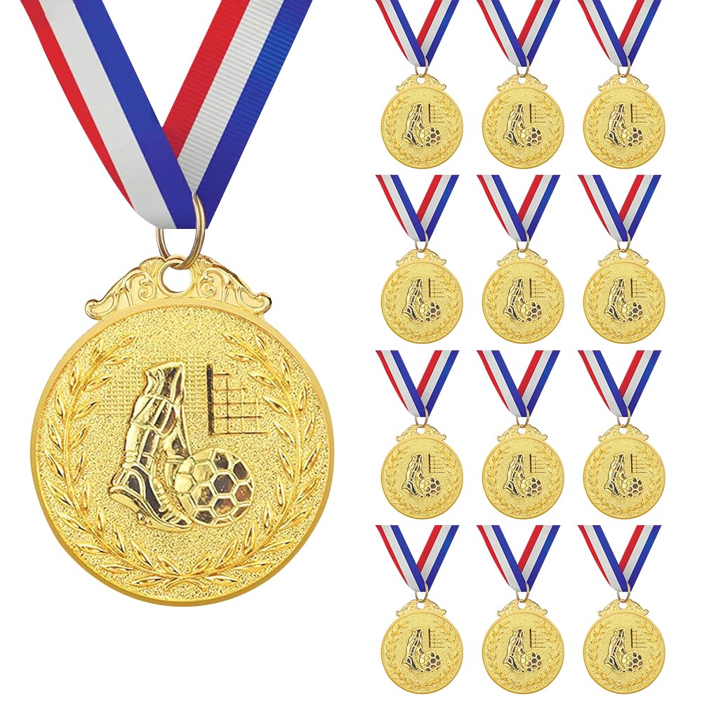 12 Piezas Medallas Futbol Niños, Medallas Premios Personalizadas, Medallass Deportivas con Cintas Cuello, Medallass Ganador Oro, Cumpleaños Fiesta Deporte Actividad Infantil Adultos Hinchas Regalo