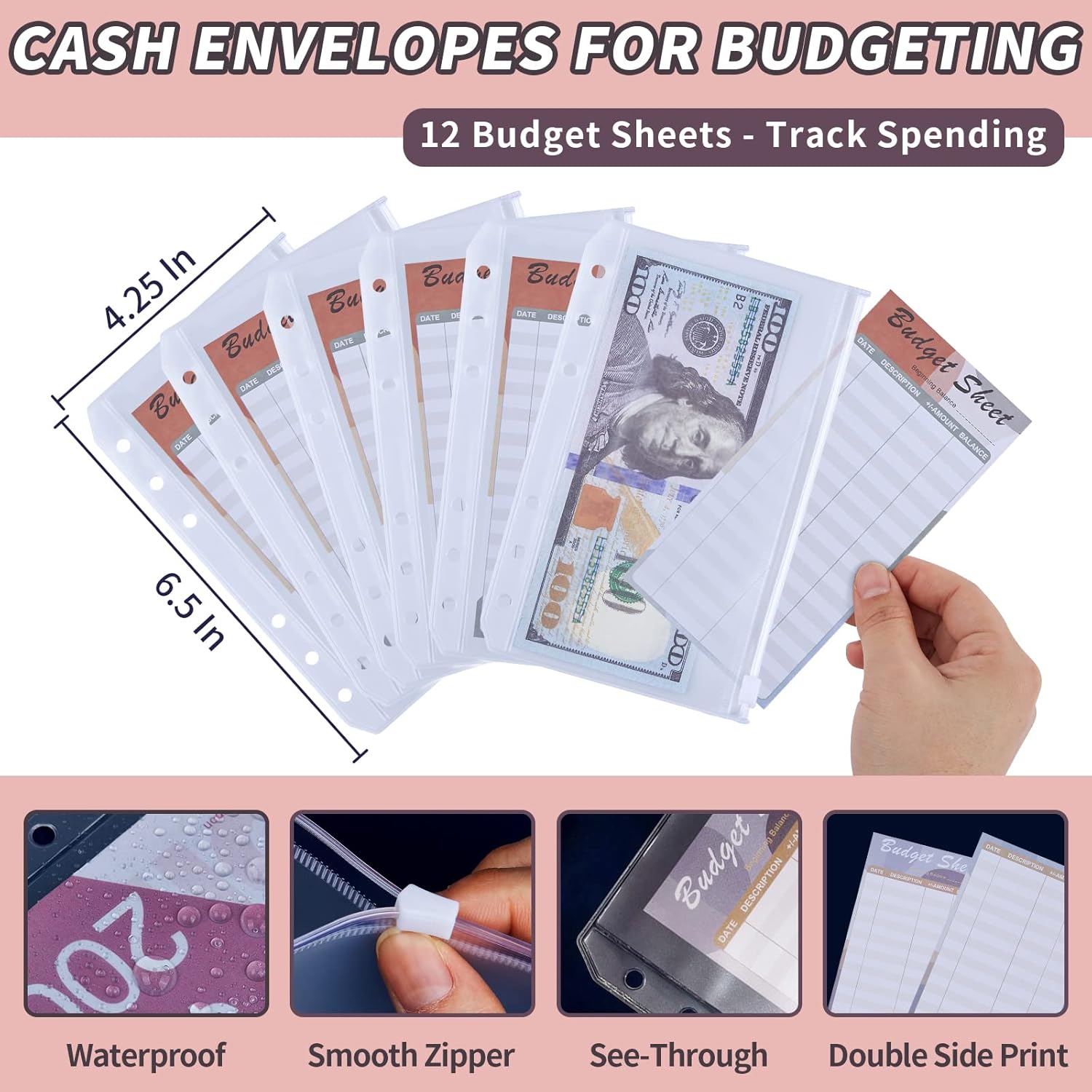 A6 Cash Envelope Budget Binder - PU Leather Loose-leaf Notebook Binder with 12 Zipper Envelopes & Expense Tracker & Writable Labels, Pink Budget Wallet Planner Organizer for Money Receipt Coupon : Office Products