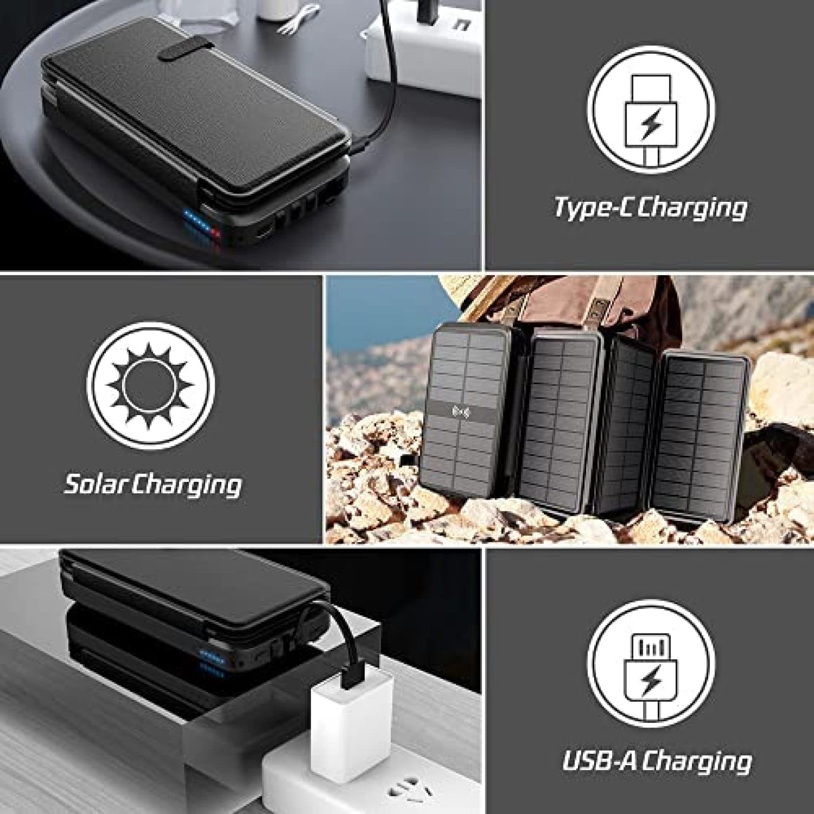 Cargador Solar Inalámbrico Power Bank, Cargador Portátil De 20000 Mah con 4 Paneles Solares Y Linterna LED, Batería Externa De Carga Rápida para Teléfono Celular Y Tableta