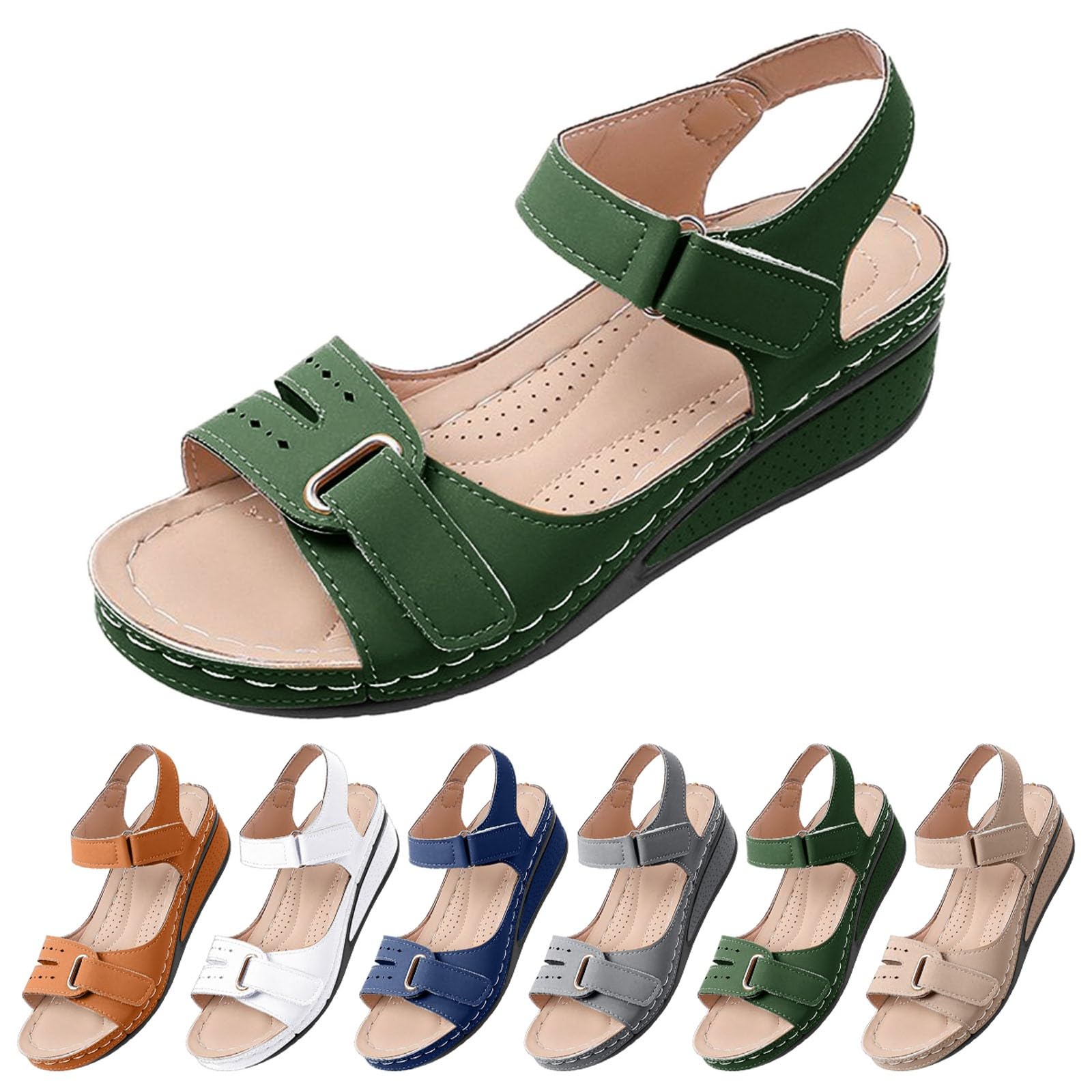 Wedge Sandals for Women UK Sale Clearance Ladies Summer Orthopedic Walking Shoes Wide Fit Wedge Sandal Open Toe Adjustable Ankle Strap Sandals Leather Beach Shoes