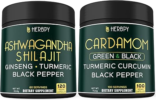 Paquete 5 en 1 Ashwagandha Shilajit 120 unidades y cápsulas de cardamomo 4 en 1, 100 unidades - Apoya la relajación, la salud del corazón, la