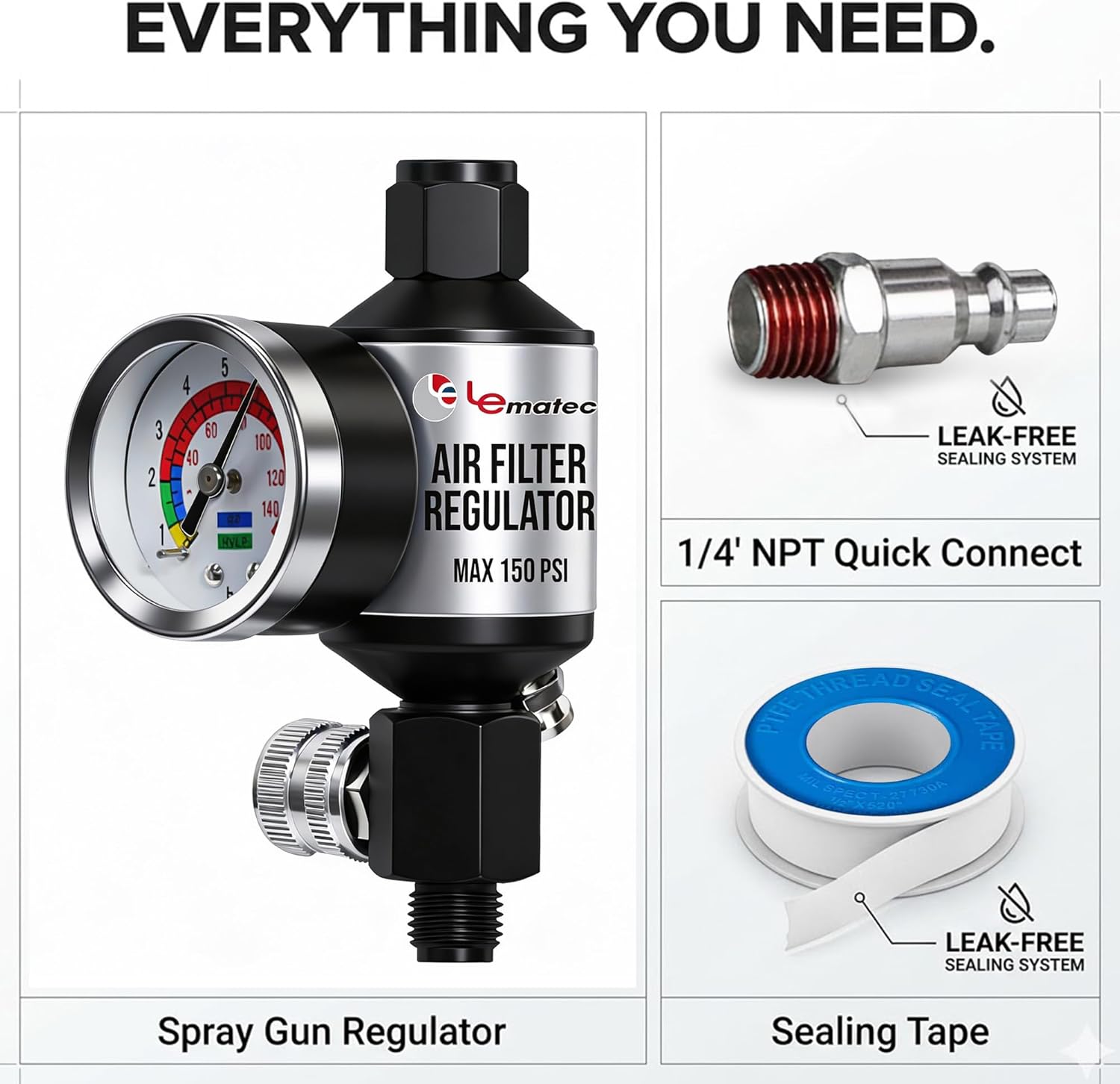 LE LEMATEC Spray Gun Regulator with Gauge & Water Separator - 1/4" NPT Inline Air Compressor Filter & Dryer - Precision Air Flow Control Valve for Paint Guns & Pneumatic Tools (150 PSI)
