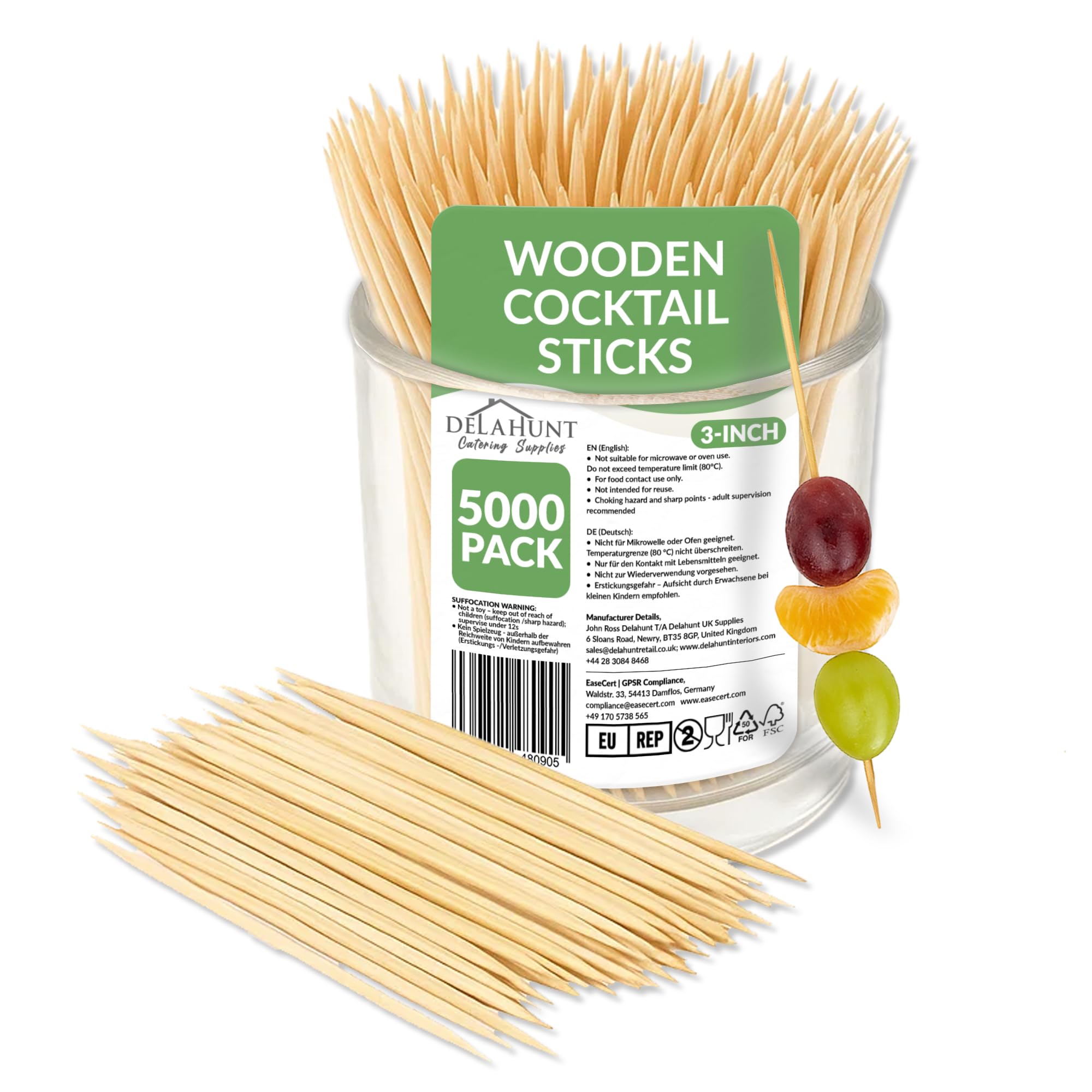 3-Inch (8cm) Wooden Cocktail Sticks, Toothpicks [5000 Pack] - Double-Pointed FSC-Certified Birchwood Tooth Picks | Compostable, Splinter-Free Mini Skewers for Cocktails, Garnishes, Party Food & Drinks