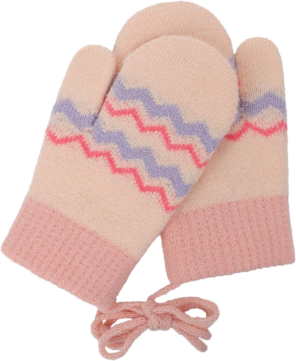 PURFUN Toddler Kids Winter Warm Knit Mittens with Anti-Lost String Infant 0-3 Years Baby Boys Girls Hanging Neck Gloves
