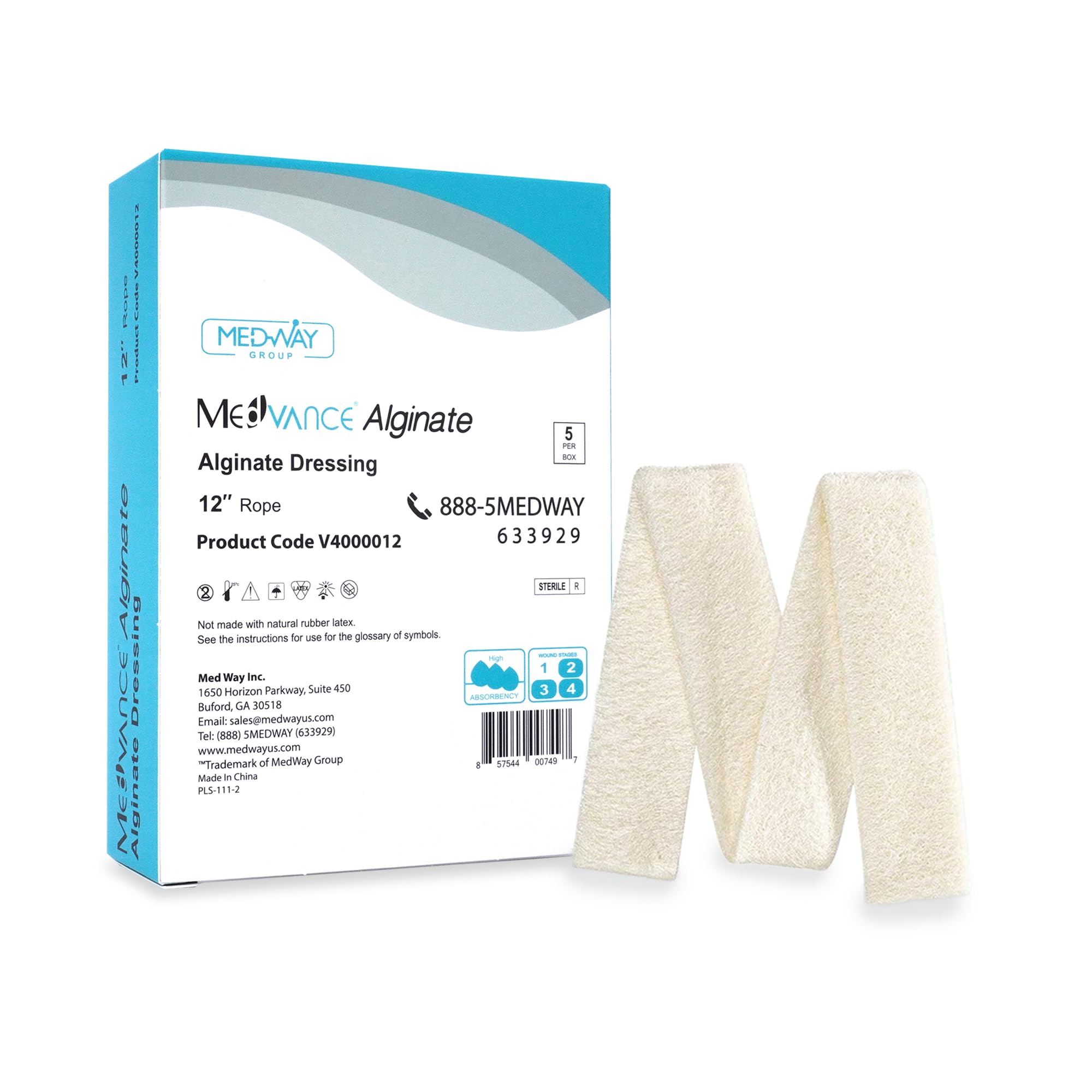 MedvanceTM Alginate - Calcium Alginate Dressing, 12" Rope, Box of 5 dressings