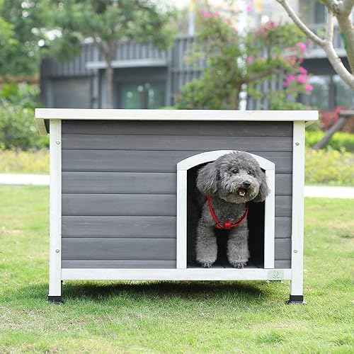 A4Pet - Casa pequeña para perros al aire libre, casa de madera para perros con techo impermeable y almohadilla para patas elevadas para perros